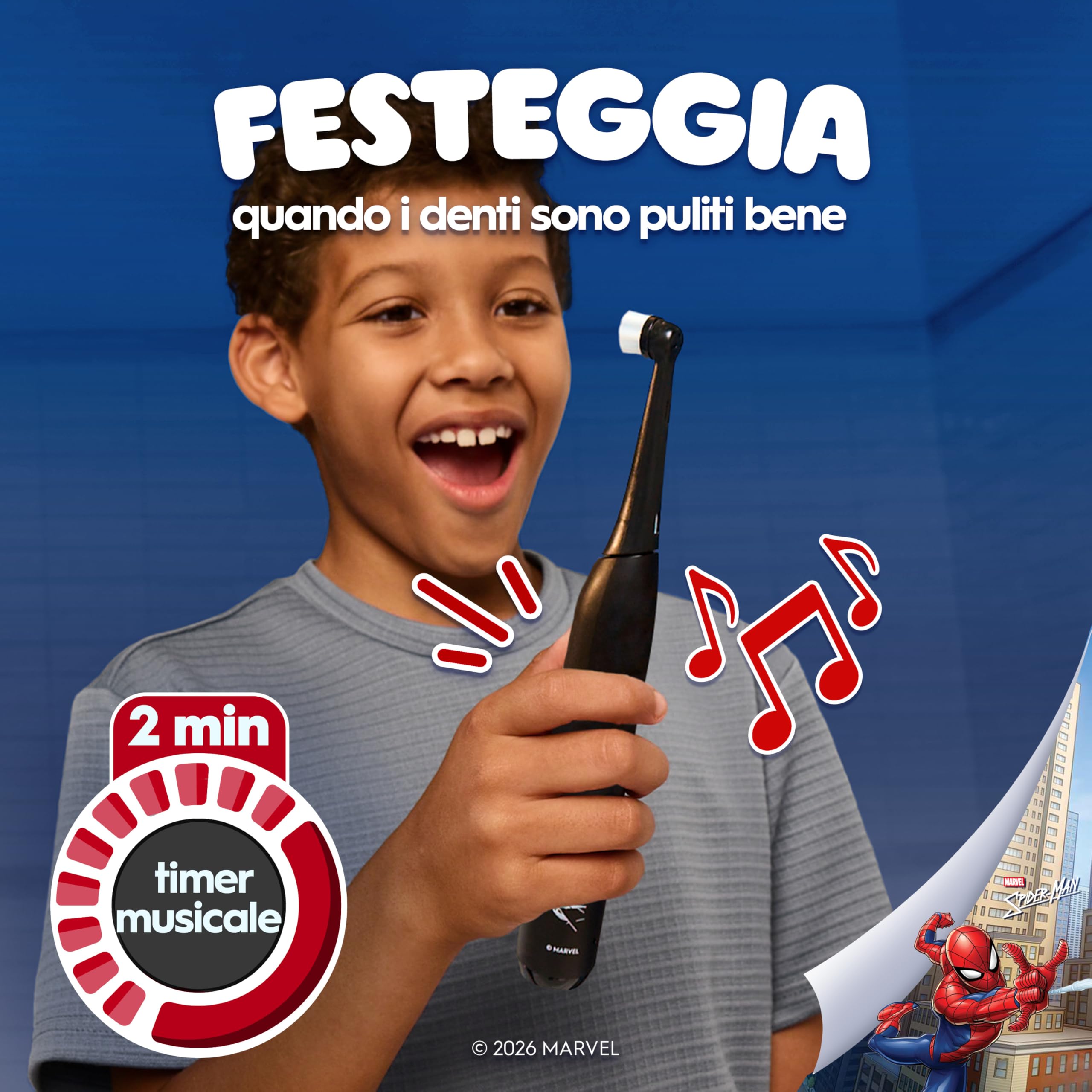 Oral-B Spazzolino Elettrico Ricaricabile iO Kids 6+, 1 Testina, Custodia, Nero - Marvel Spider-Man, 1 Testina di Ricambio per Spazzolino Elettrico, dai 6 Anni in su, Delicato sulle Gengive, Custodia