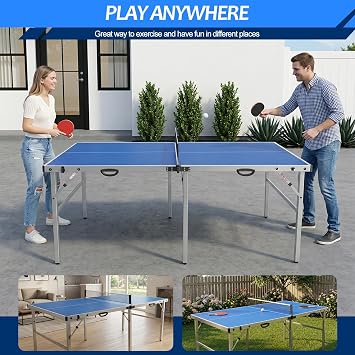 6ft Folding Table Tennis Table, Portable Ping Pong Table Set with Net, 2 Paddles, 4 Balls, Indoor Outdoor for Family Entertainment, Blue