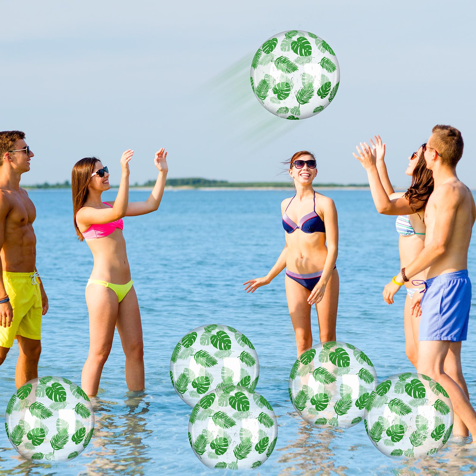 24 bolas de playa inflables tropicales de 12 pulgadas, bolas de hojas de palma transparentes, decoraciones de despedida de soltera, fiestas de Luau, decoraciones hawaianas para bodas, 2