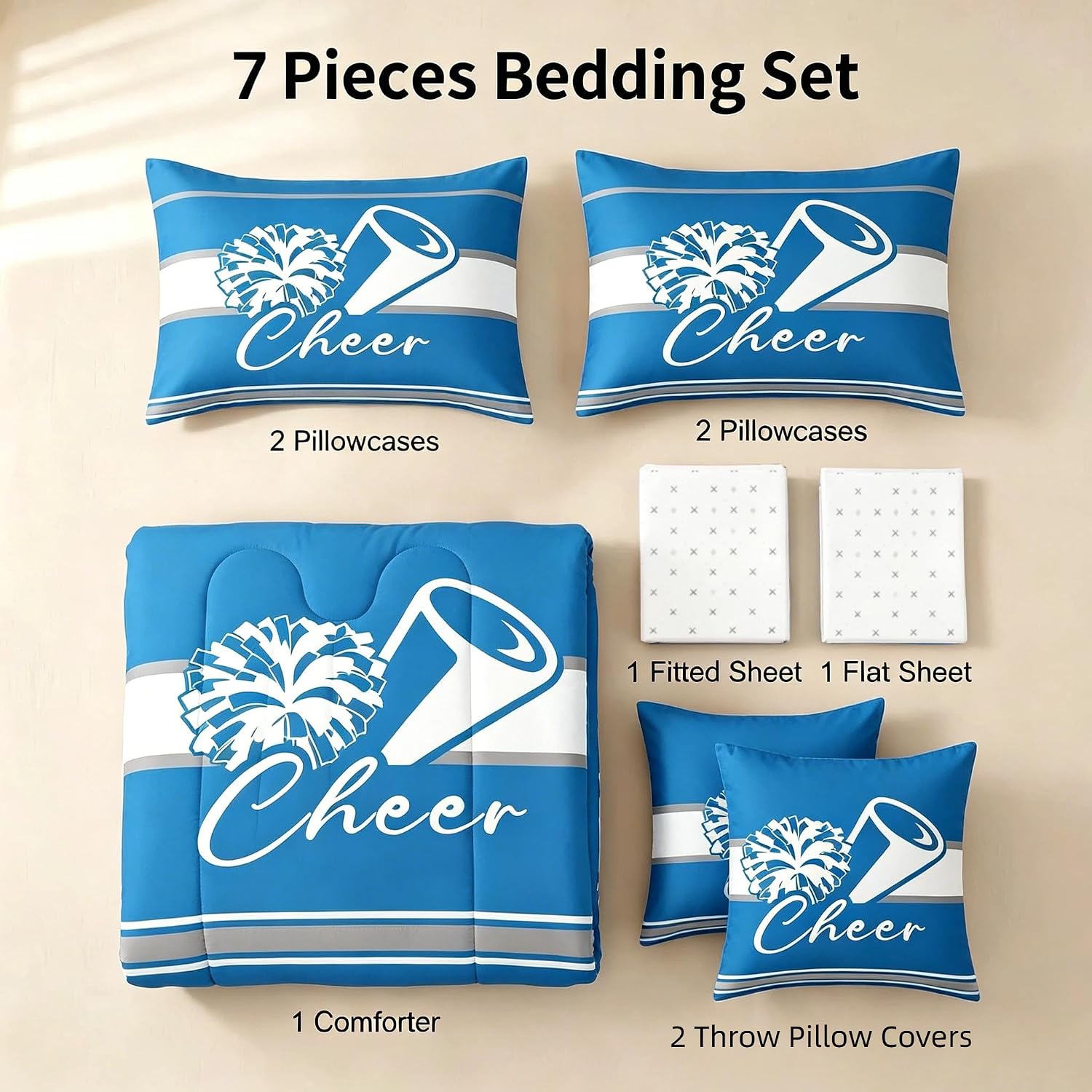 Feelyou Cheer Comforter Set with Sheets 7 Piece Twin Size Cheerleader Bedding Set for Kids Boys Girls Sport Cheerleading Team Bed in a Bag Blue Gray Room Decor Soft Lightweight Microfiber