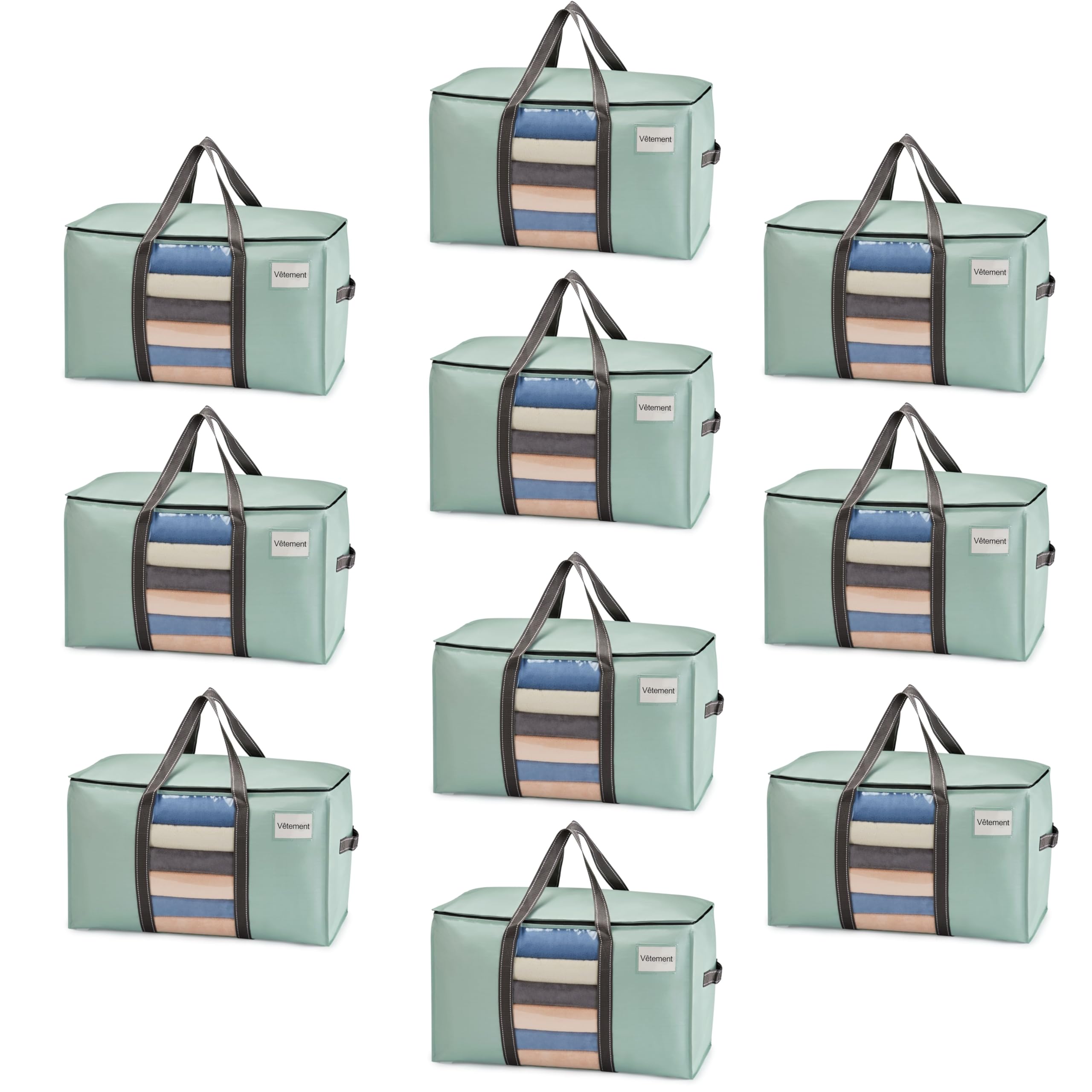 VENO 95 L Sac de Rangement Grand Pliables, Sacs de Déménagement Robustes avec Couvercle et Poignées Renforcées pour le Vêtement, Couettes et Linge de Lit, Sac à Linge(Vert Clair, Lot de 10)