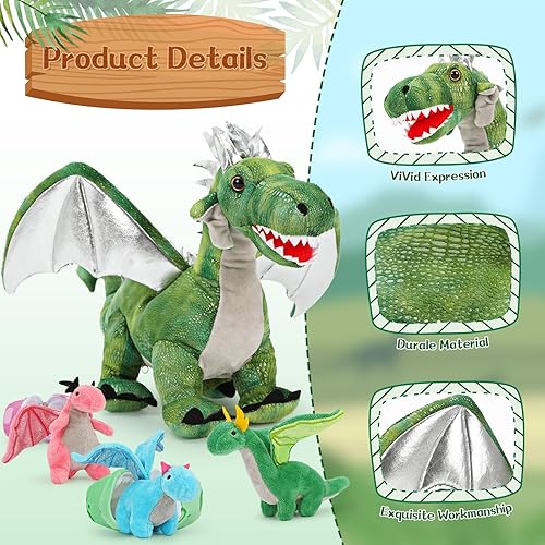 Miniatura 4 de Tezituor 7 piezas de animales de peluche de dragón, 22 pulgadas, mamá dragón de peluche con 4 dragones bebé y 2 huevos, juguetes de dragón de