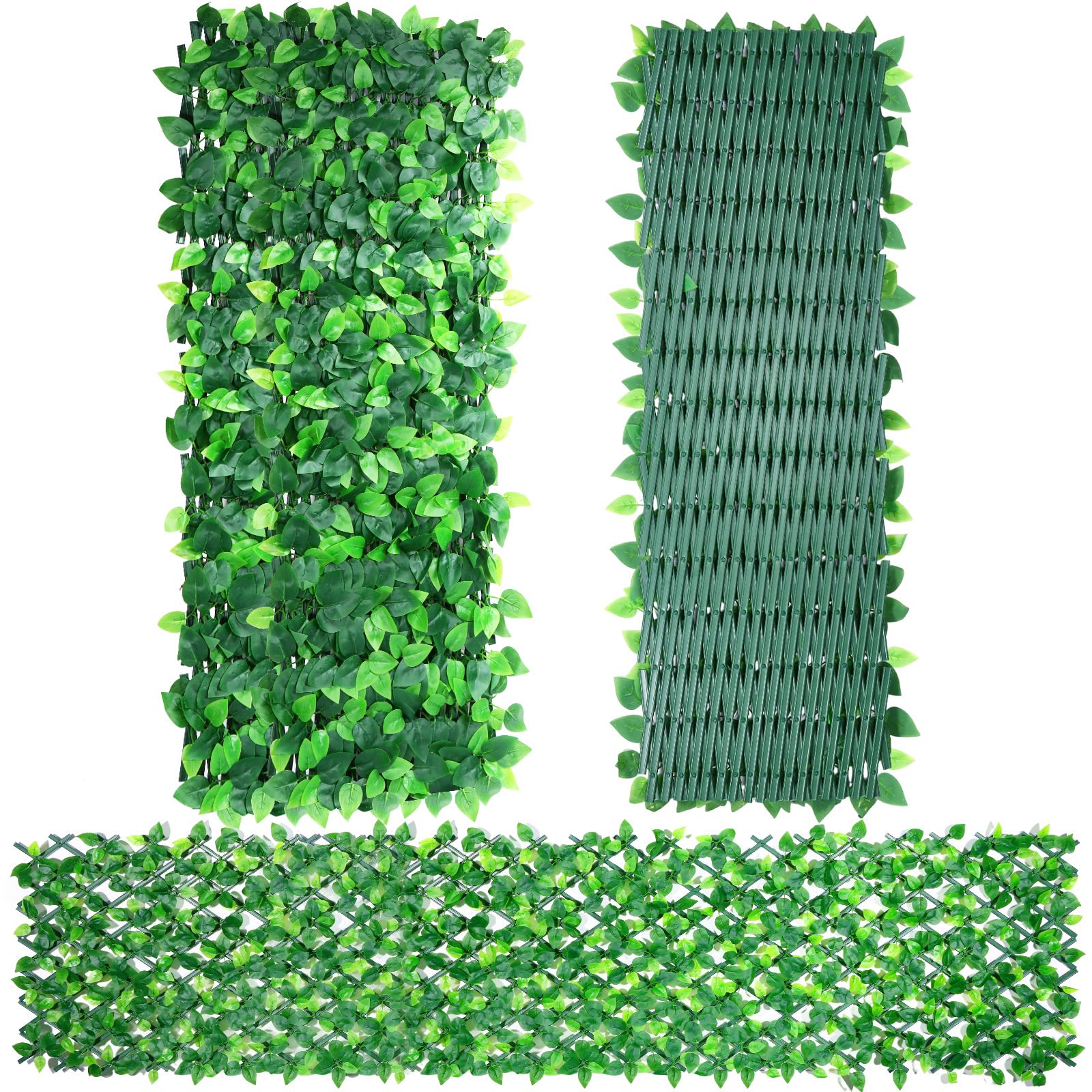 3pcs Artificial Ivy Fence Screening, 120x30cm to 22x285cm Expandable Faux Ivy Fence Privacy Screen, Artificial Hedge Fence Screen with Ivy Leaf, Expandable Garden Fence Trellis Panel for Outdoor Decor