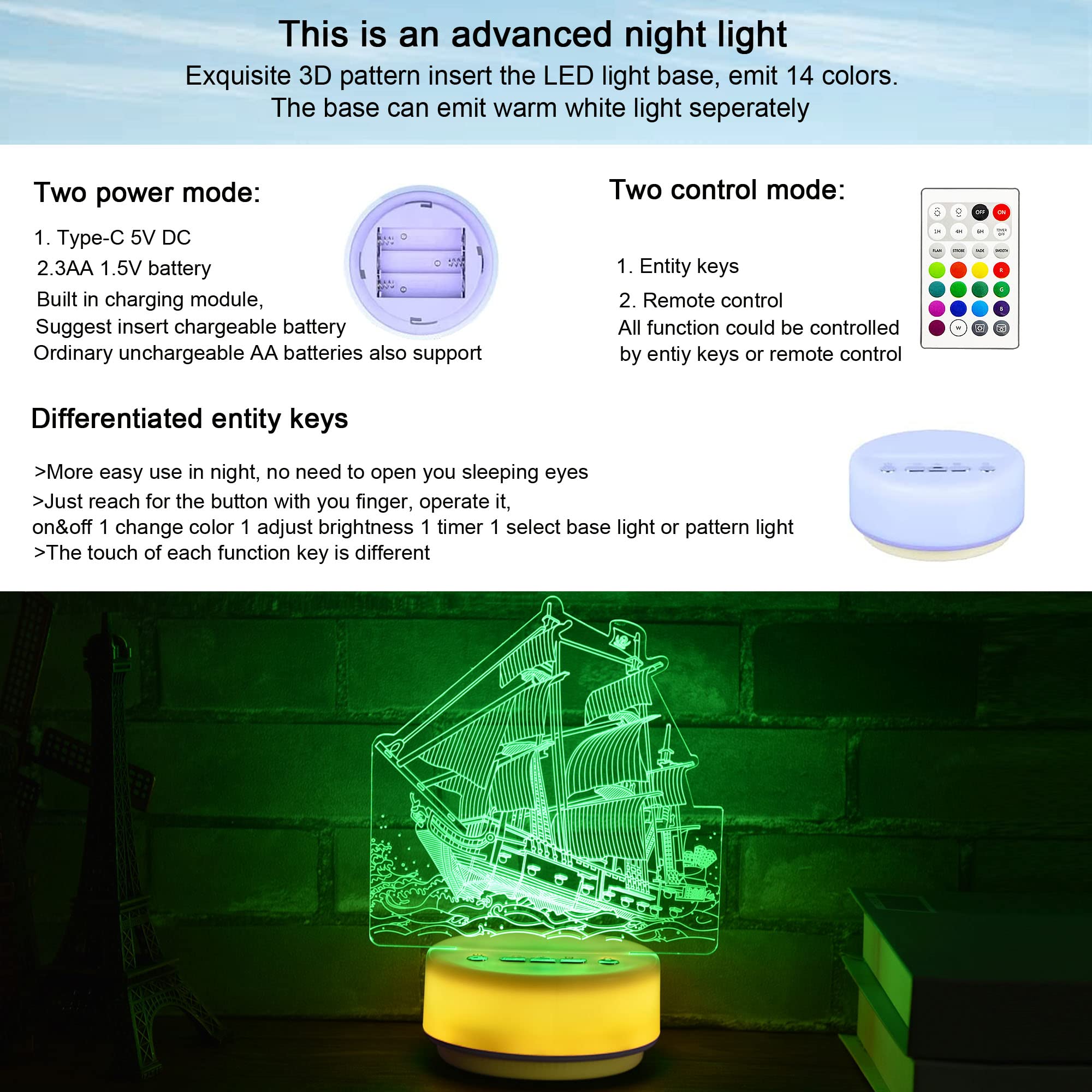 Veilleuse décorative LED pour enfants, jouet pirate - 14 couleurs - Avec télécommande, clé d'entité et minuterie - Cadeau d'anniversaire et de Noël pour garçons/filles