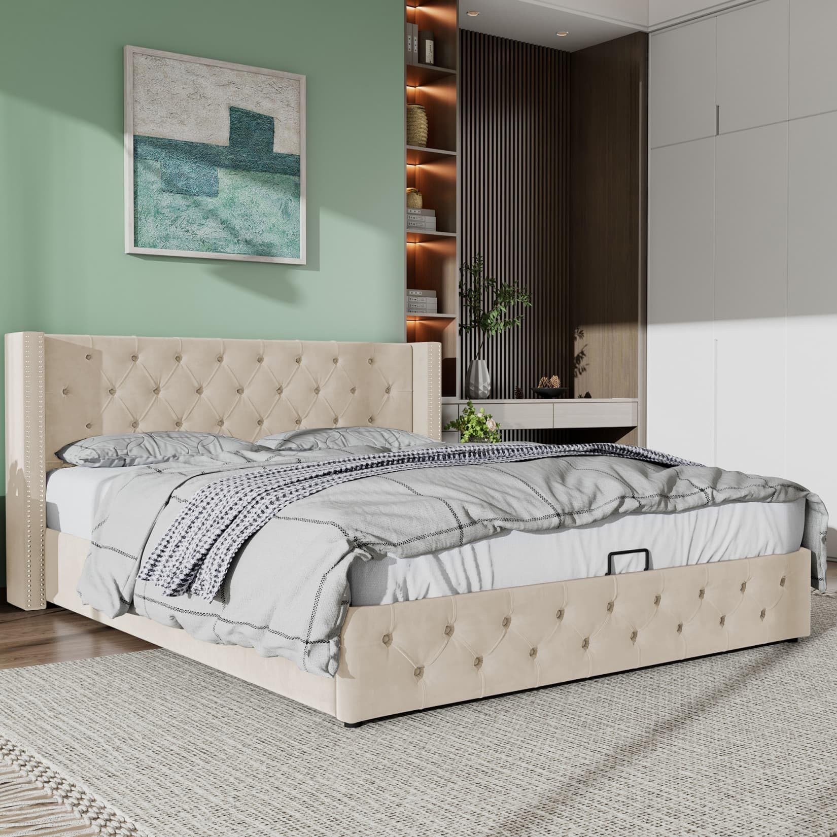 EURHCIO Lit Coffre 180x200cm,Lit Double avec Rangement,Tissu de Velours,Tête de Capitonné,Sommier à Lattes,Design Rivets et Coutures Boutons,sans Matelas (Beige, 180x200)