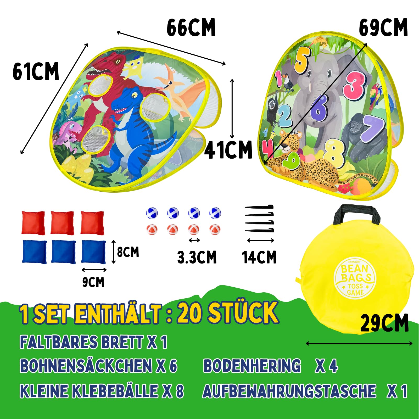 2-in-1 Dinosaurier & Tier Wurfspiel – Beidseitige 27"-Zieltafel mit 6 Beanbags – Indoor & Outdoor Spielzeug für Kinder ab 3 Jahren Exklusiv bei Amazon