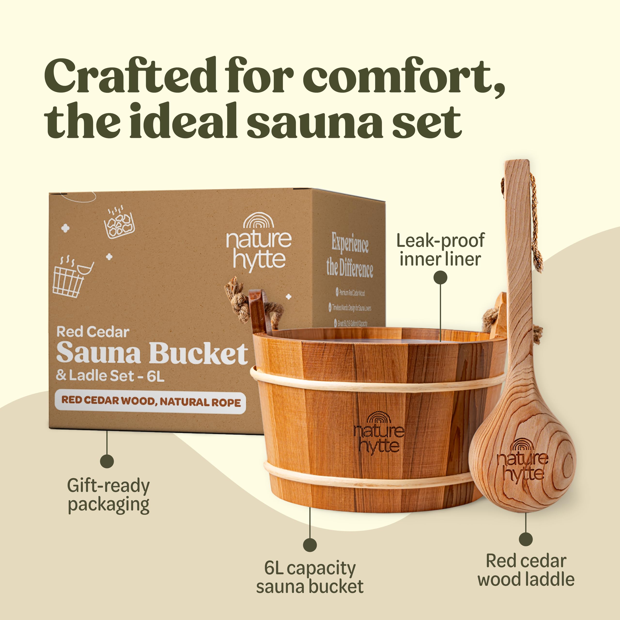 Juego de cubo y cucharón de cedro rojo para sauna de 6 L (1.6 galones), mango de cuerda natural, madera de cedro rojo de alta calidad, aroma natural, elegante embalaje listo para regalo