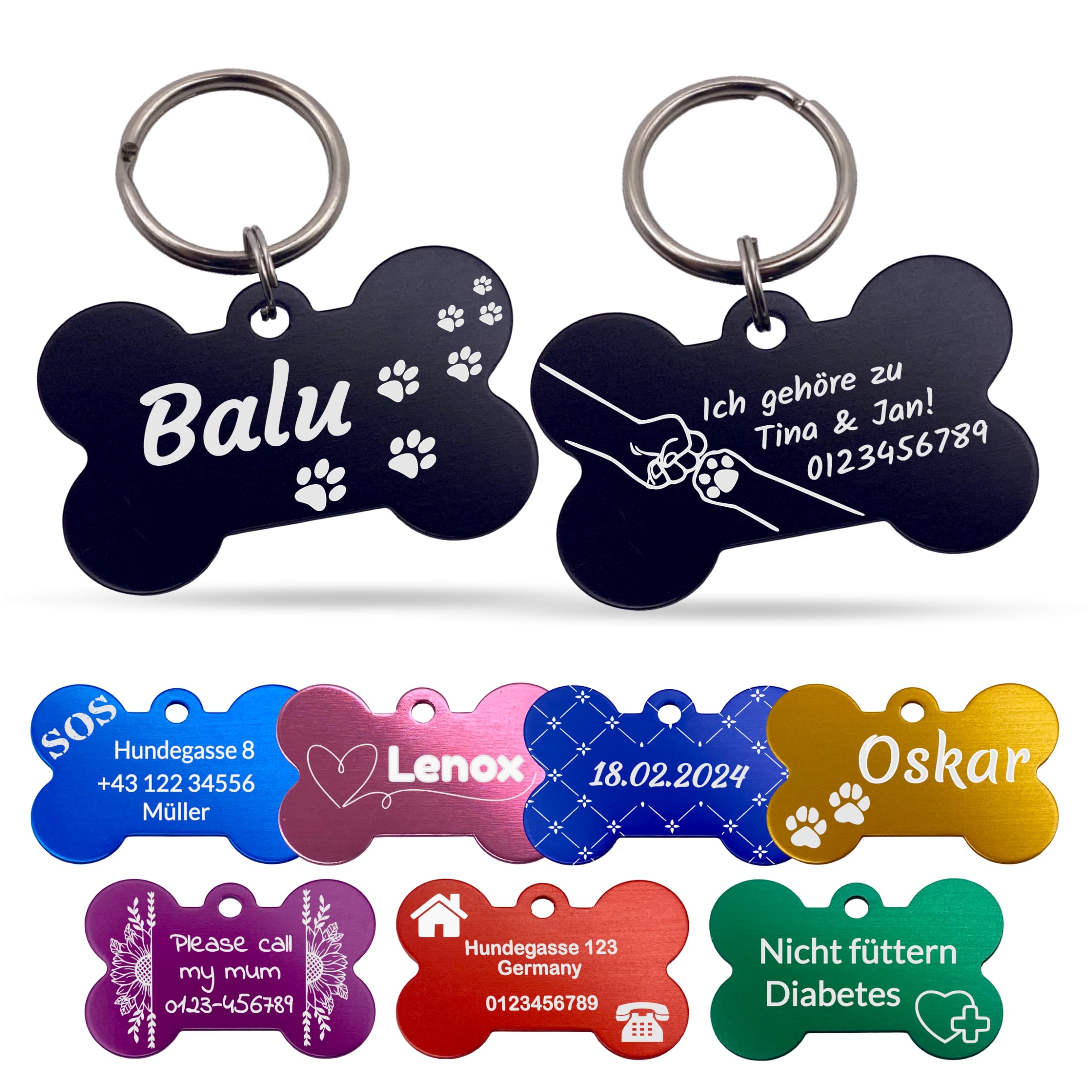 Unikat Branding | Erkennungsmarken im Singlepack | Hund, Katze und Herrchen | Hundemarke personalisiert I Beidseitig mit Gravur | Knochen | 38 mm