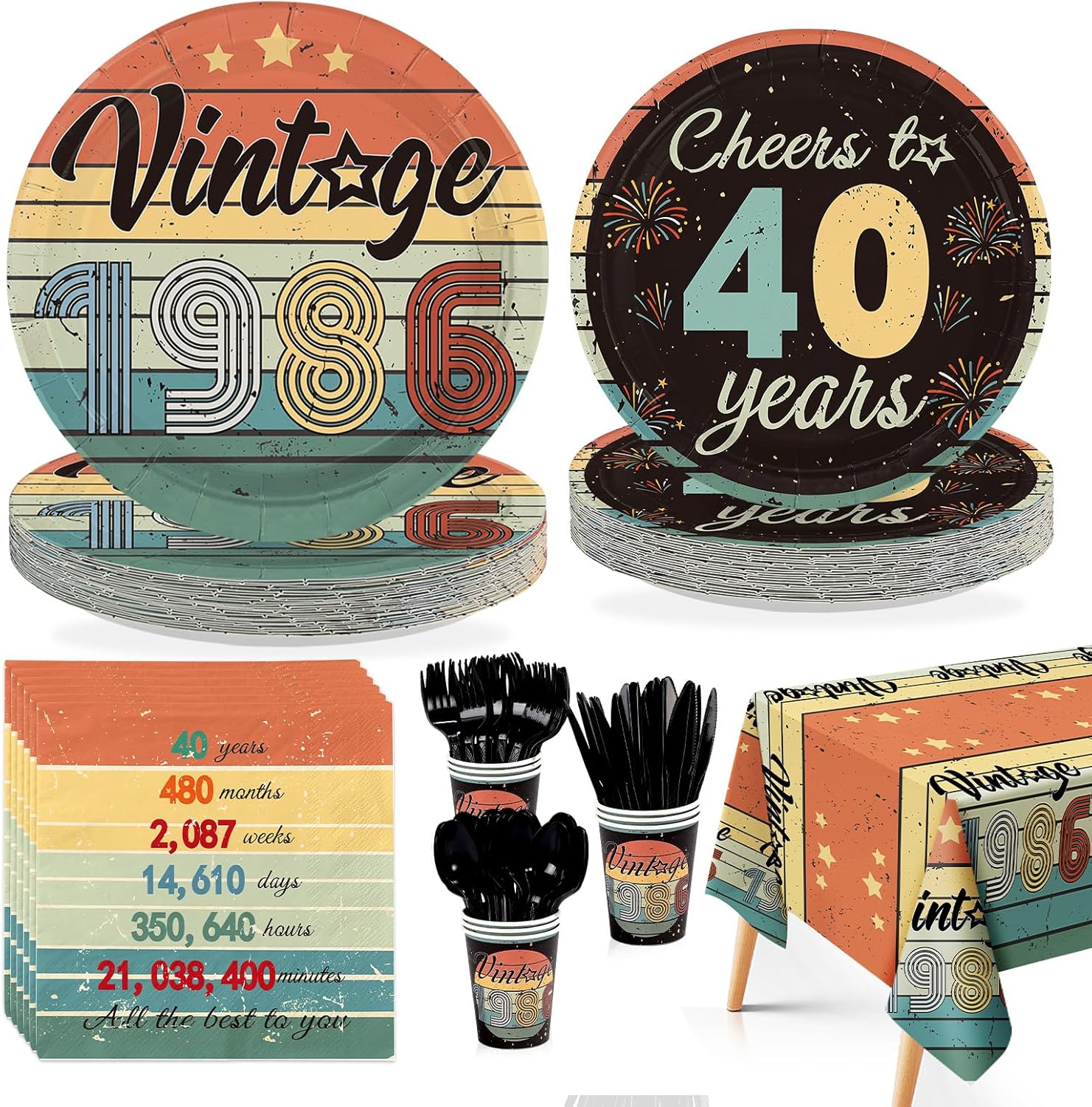 170Pcs Vintage 40th Birthday Decorations Cheers to 40 Years Supplies Include Plates Napkins Cups Tablecloth Forks Spoons Knives for 40 Year Old Man Woman Birthday Party Decorations Serves 24