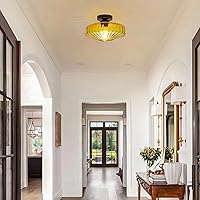 Vista 6 de Semi Flush Mount Ceiling Light, 11.8" Mid Century Modern 1-Light Close to Ceiling Light Fixtures with Drum Amber Glass Shade for Bedroom Entryway
