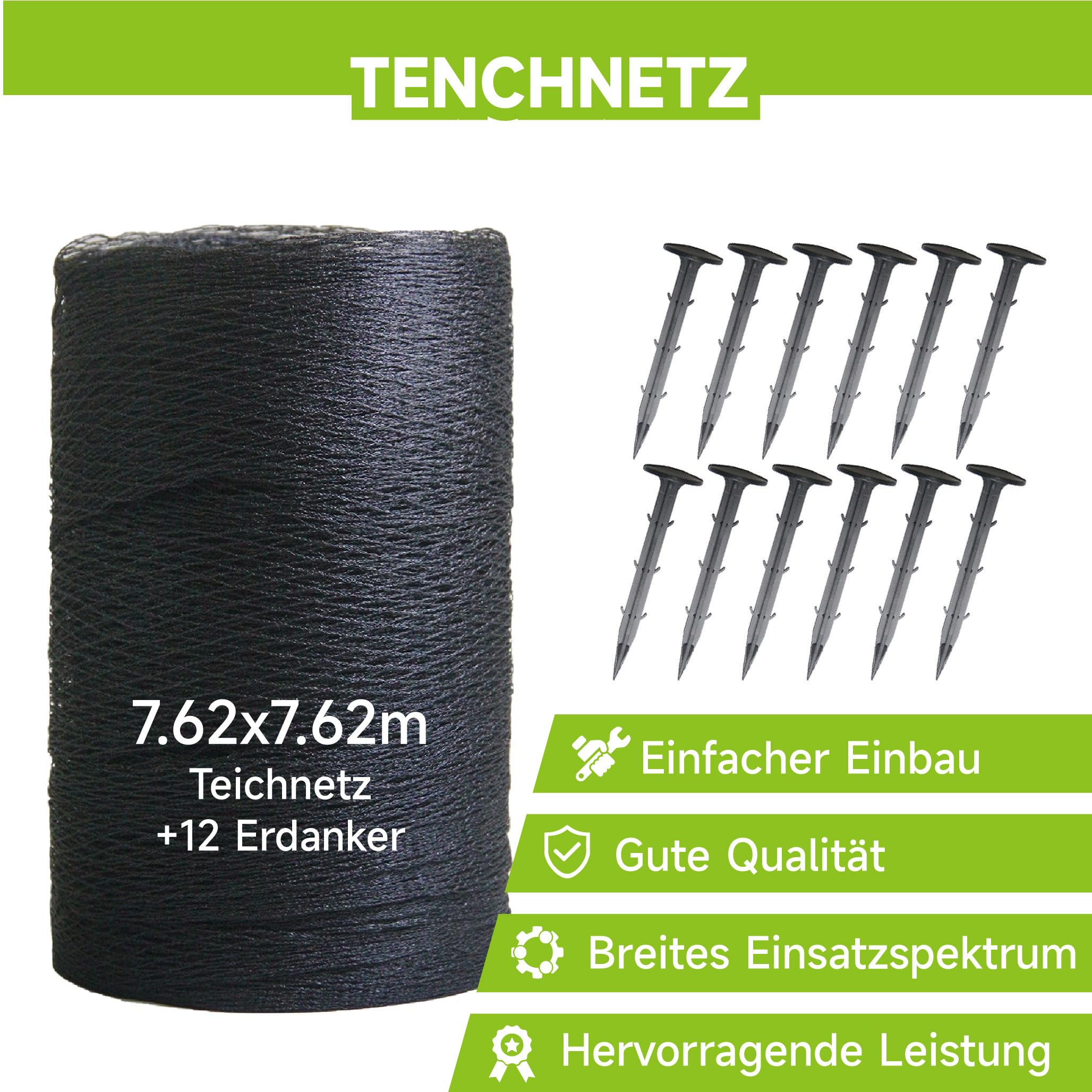 Teichnetz Feinmaschig 7.62x7.62m（58m²） Vogelschutznetz - Schwarz Teichnetz mit 12 Bodenankern | Witterungs- & UV-beständig | Laubnetz, Obstbaumnetz, Gartennetz