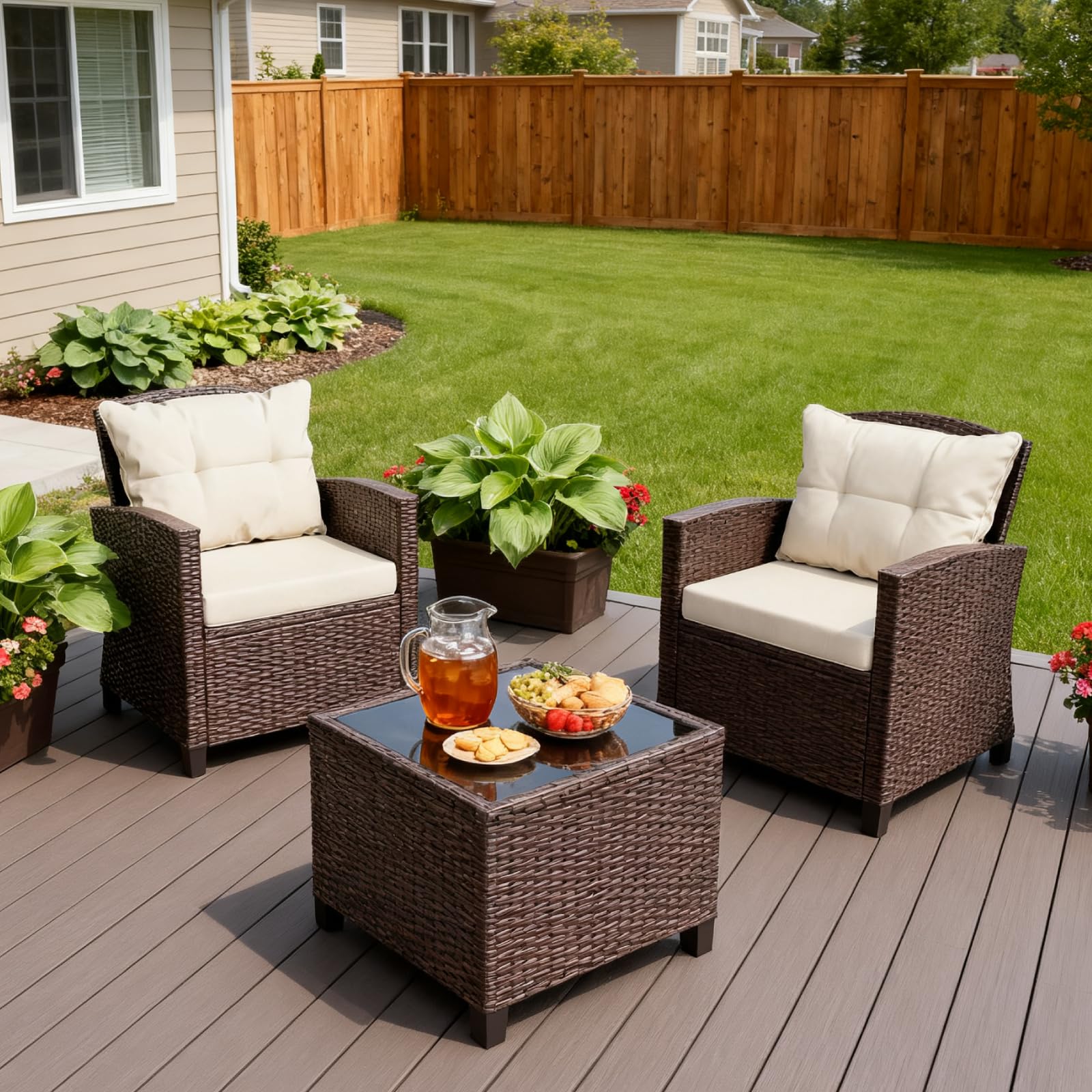 JAMFLY 3 Piece Wicker Patio Furniture Set - Outdoor Rattan Conversation Set with Soft Cushions & Glass Coffee Table for Balcony, Porch, Small Backyard