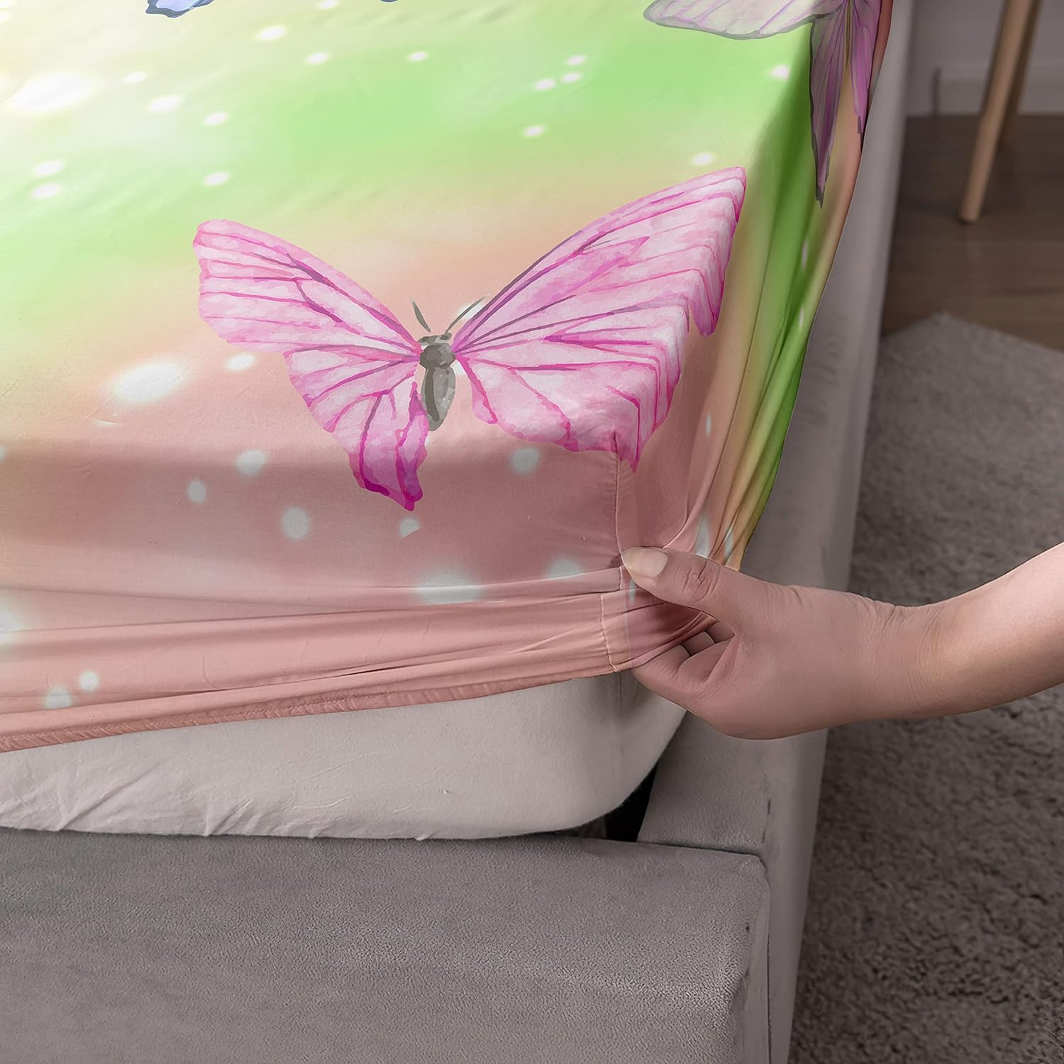 Rainbow Sheets Set 4Pcs for Kids,Colorful Rainbow Butterfly Printed Sheet Set with 1 Flat Sheet and 1 Fitted Sheet + 2 Pillowcases(Butterfly Twin)