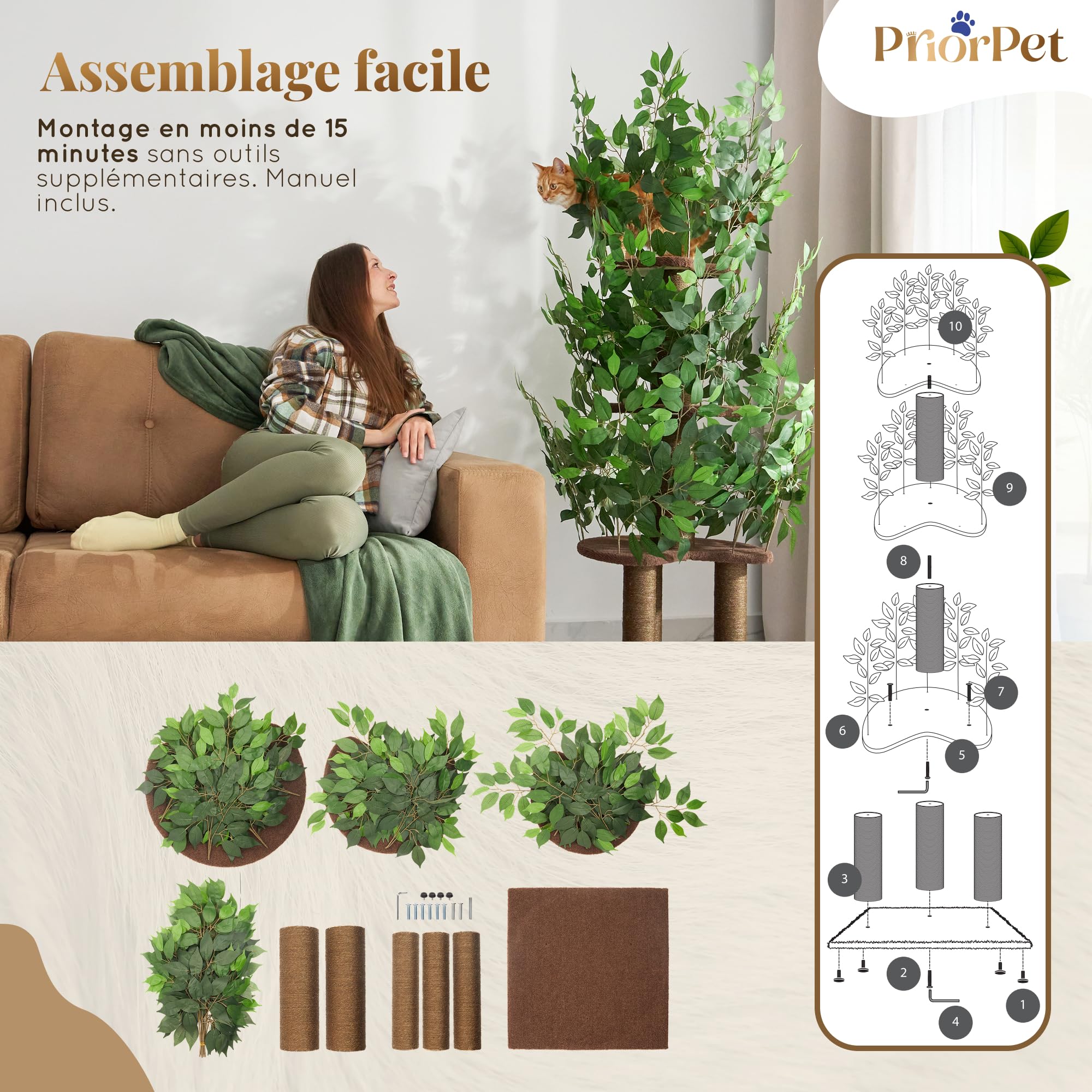 Arbre à chat 4 niveaux et 3 piliers à gratter Montage facile Stable et peu encombrant