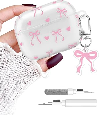 Compatible with Airpods Pro 2 Case, Cute Big Bow Heart Aesthetic Design with Carabiner, Soft TPU Skin Anti-Scratch Shockproof Protective Cover for Women Girls