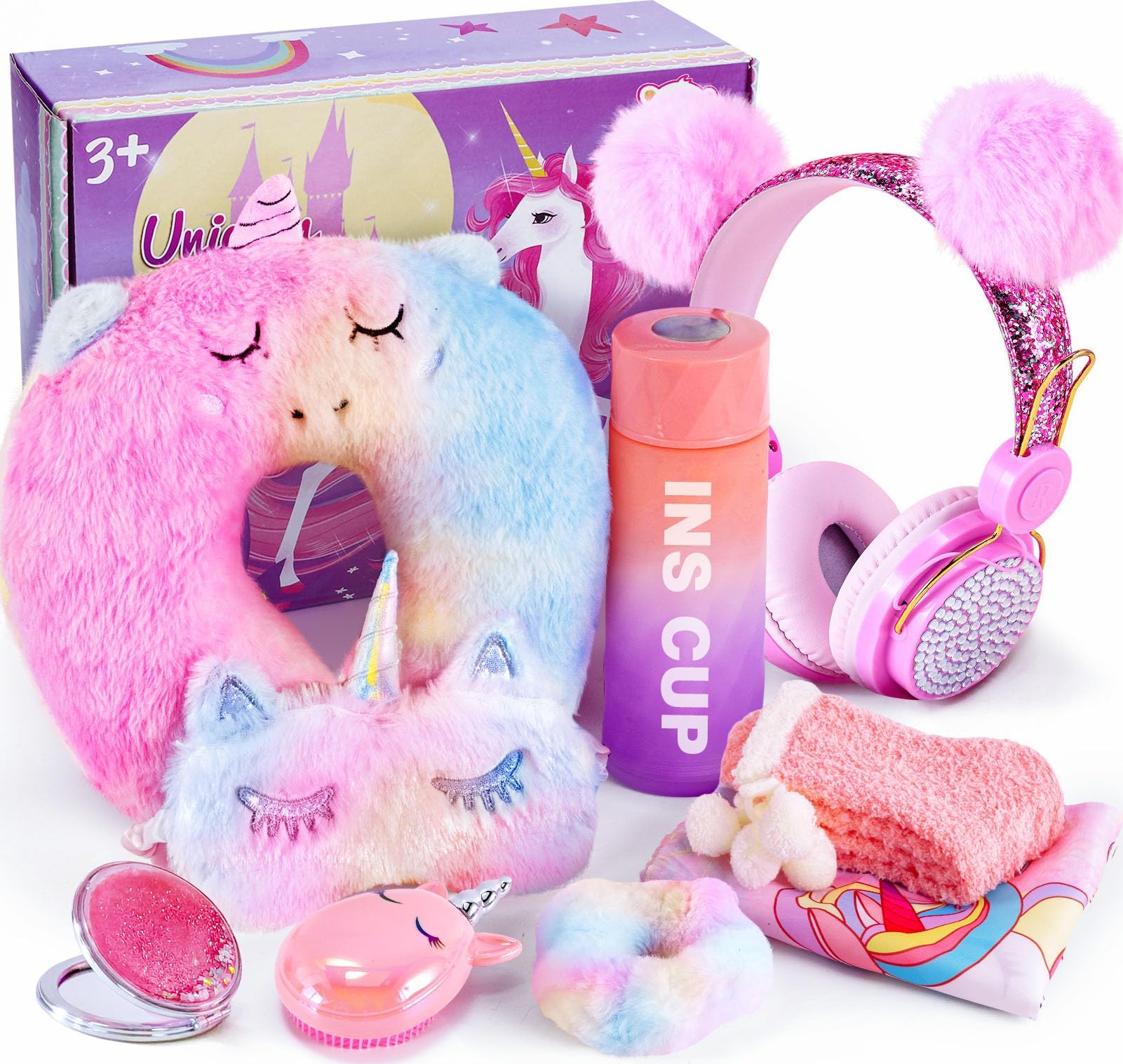Tacobear Unicorn Gifts for Girls 6 7 8 9 10 11 12 Years Old Girls Gifts, 3.5mm Wired Headphones Neck Pillow Eye Mask Mirror Water Bottle Drawstring Bag for Travel Christmas Birthday Gift Present
