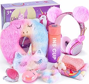 Tacobear Regalo para Niñas 6 7 8 9 10 11 años con Auriculares Peluche Almohada para Cuello Antifaz para Dormir Unicornio Botella de Agua Bolsa con cordón Unicornios Cumpleaños Regalo para Niño Niñas