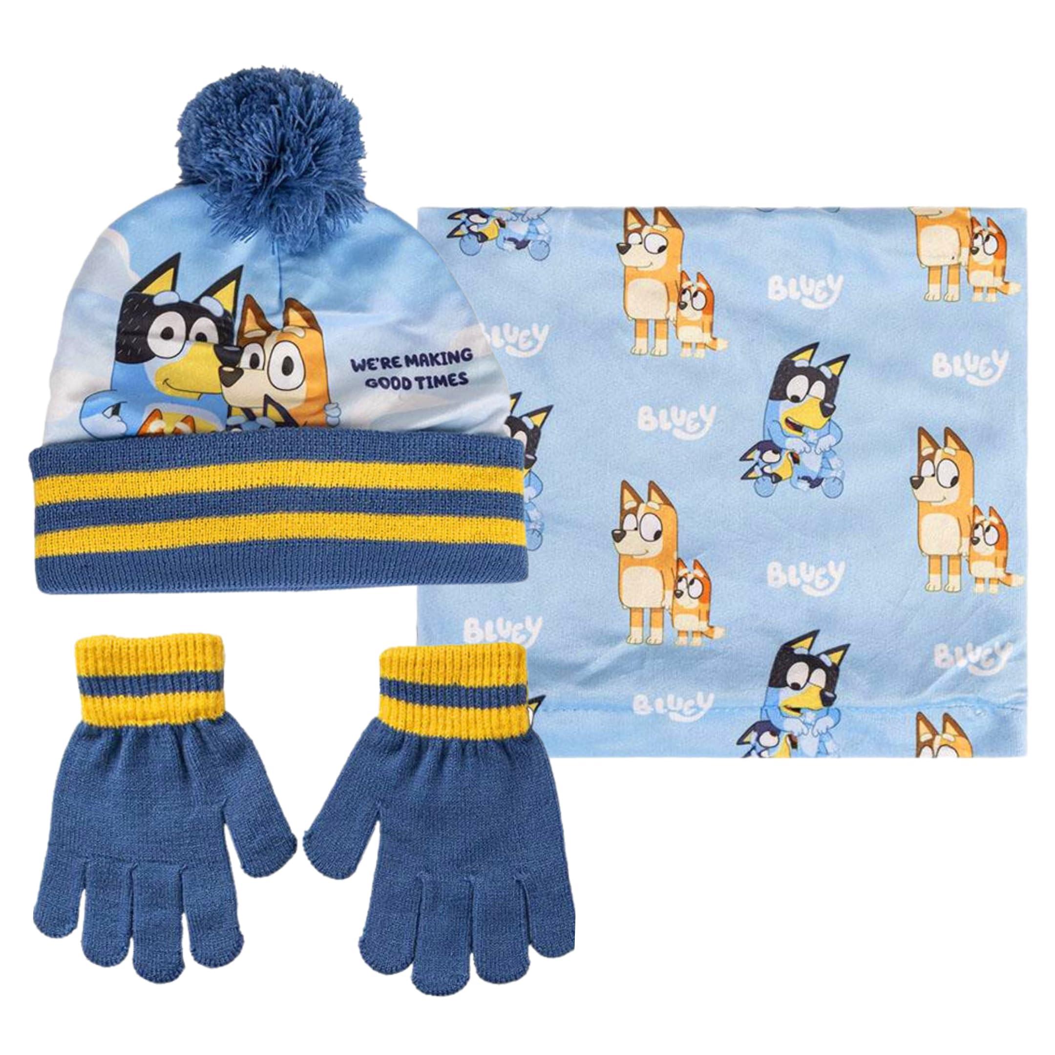 Bluey Gorro con pompón + Bufanda + Guantes para niños y niñas Conjunto de Invierno de 3 Piezas Regalo