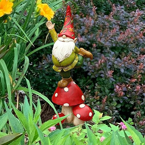 Miniatura 6 de Decoración de estatua de gnomos de jardín, un lindo enano de pie en un hongo, escultura de figuras al aire libre para césped, patio, balcón, regalos