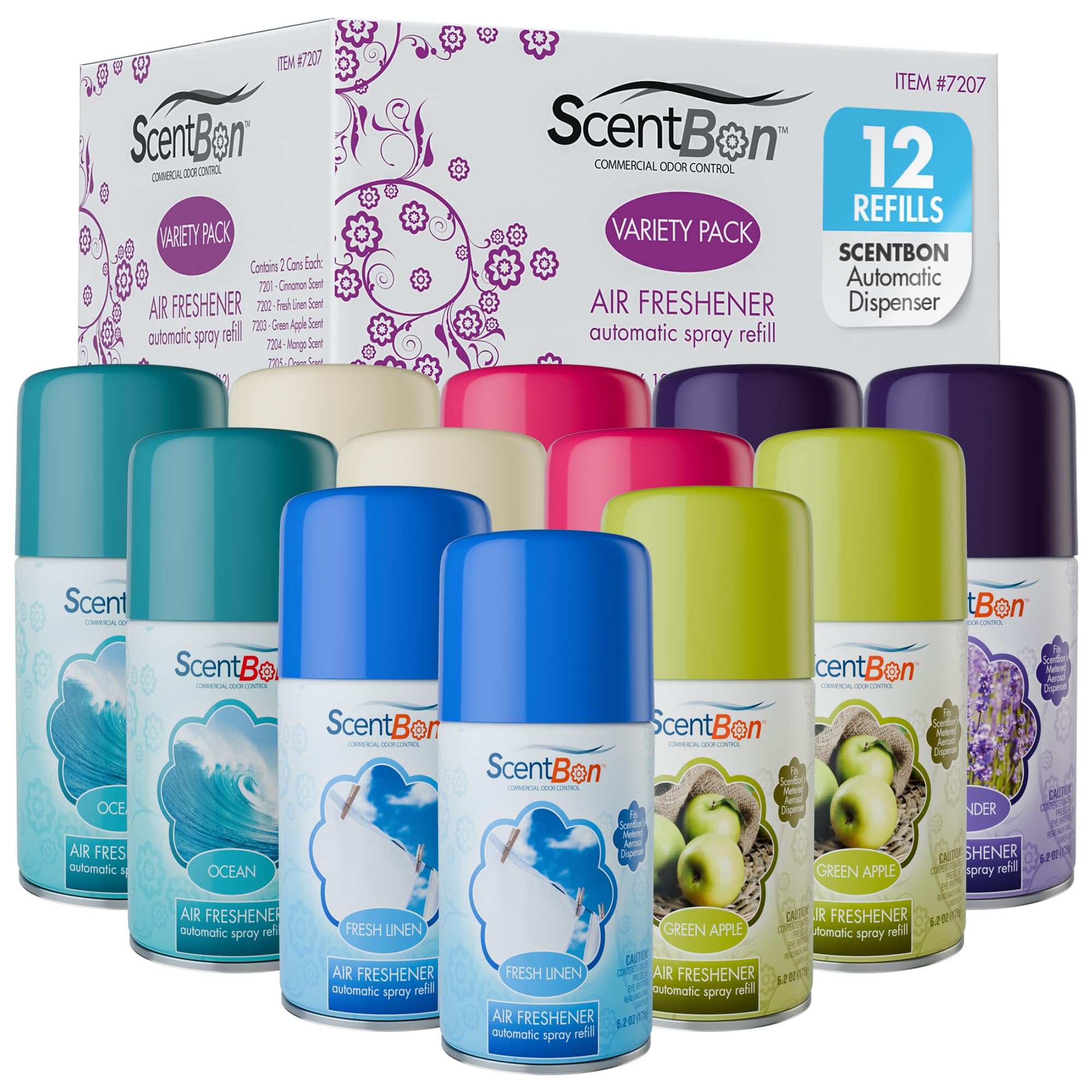 ScentBon 7207 Air Freshener Refill Metered Aerosol Can, Cinnamon, Fresh Linen, Green Apple, Mango, Ocean, Vanilla, Pack of 12