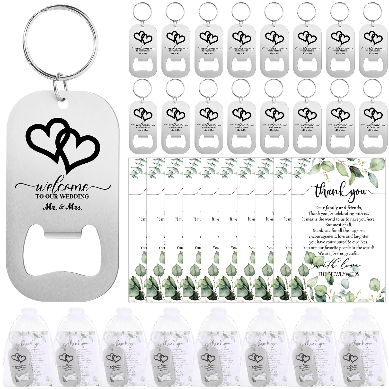 FoldTier 50 Sets Hochzeits-Dankeschön-Geschenke für Gäste, 50 Multifunktions-Schlüsselanhänger, Bierflaschenöffner, Schlüsselanhänger mit 50 Hochzeits-Wertschätzungskarten und Organza-Beutel,