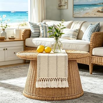yuboo Boho Table Runner 36 Inches, Beige Coffee Table Runner Short, Small Macrame Dresser Runner Scarf for Bedroom, Nightstand, End Table, Kitchen, Spring Bohemian Table Decor