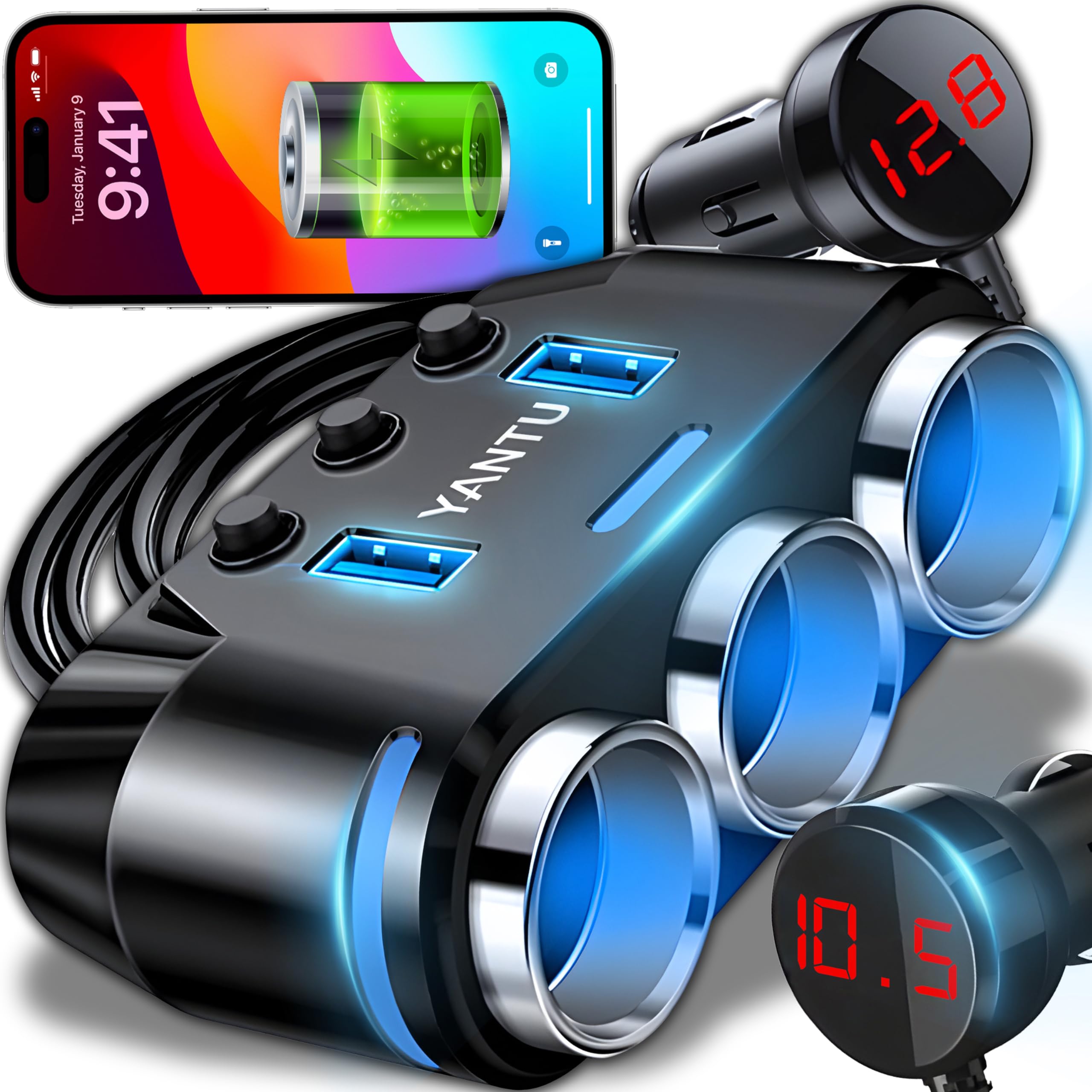 Retoo Ładowarka samochodowa adapter z 3 gniazdami i 2 gniazdami USB, rozdzielacz zapalniczki samochodowej z 3 gniazdami, rozdzielacz LED, do telefonu komórkowego, kamery, iPhone'a, iPada, czarny