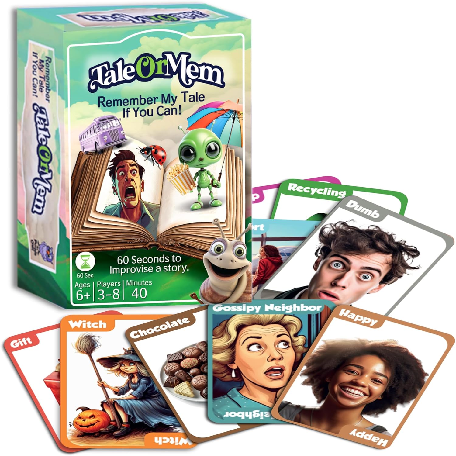 TaleOrMem - Award-Winning Improv Game for Adults & Kids. A creative mix of tall tales story telling game and recall skills. Contains 180 Story Telling Cards & 60 Situation Prompts. For 3-8 Players