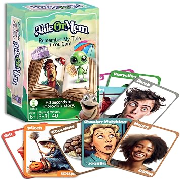 TaleOrMem - Award-Winning Improv Game for Adults & Kids. A creative mix of tall tales story telling game and recall skills. Contains 180 Story Telling Cards & 60 Situation Prompts. For 3-8 Players