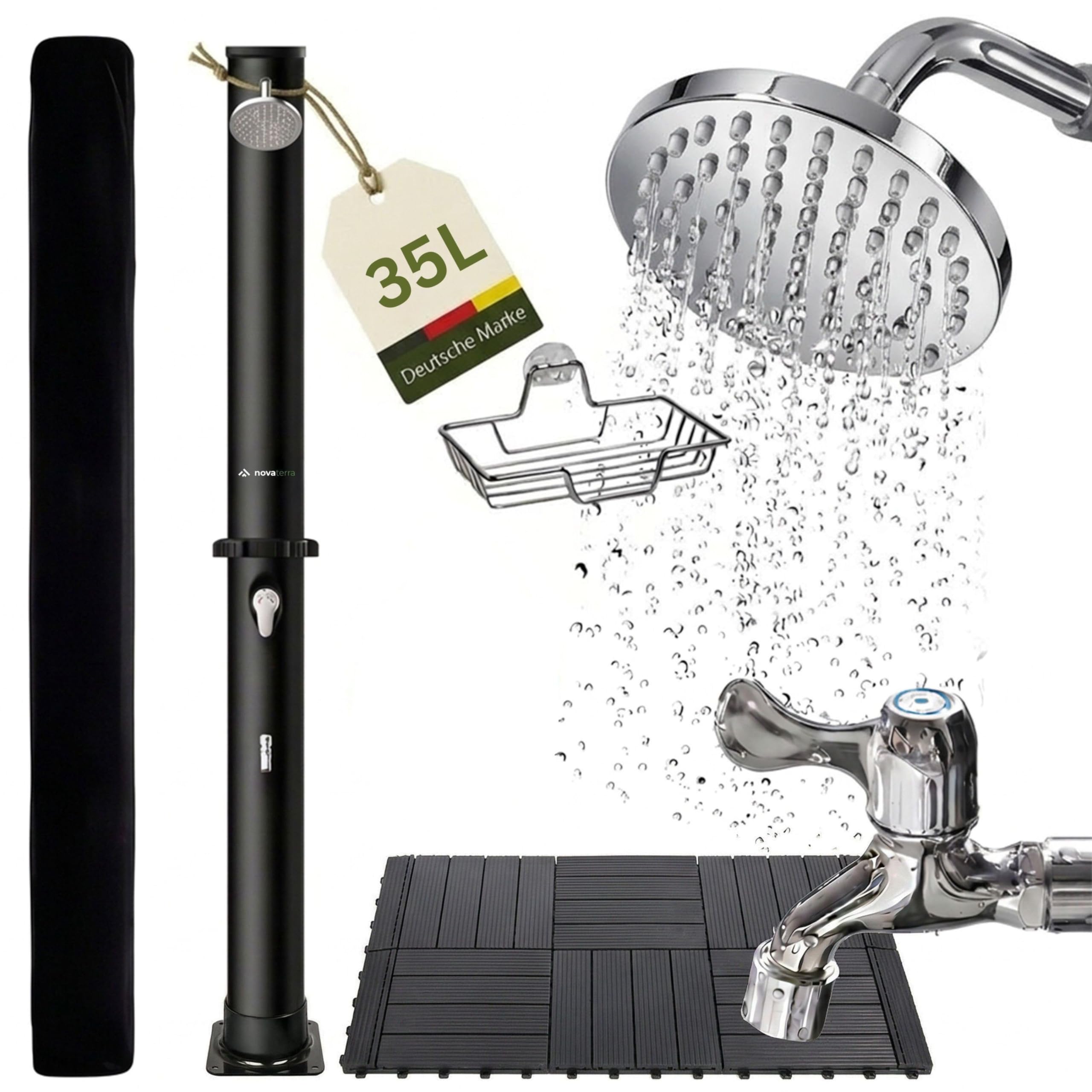 novaterra® Solardusche schwarz mit 35L Tank - Gartendusche & Campingdusche mit Bodenelement, Regenduschkopf, Fußdusche, Schutzhaube & Ablage, Solardusche Garten, Wassererwärmung bis 60°C