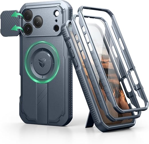 Dexnor for iPhone 17 Pro Max Case, [2 Front Frame &amp; Built-in Flip Camera Cover &amp; Kickstand], Compatible Wireless Charging,...