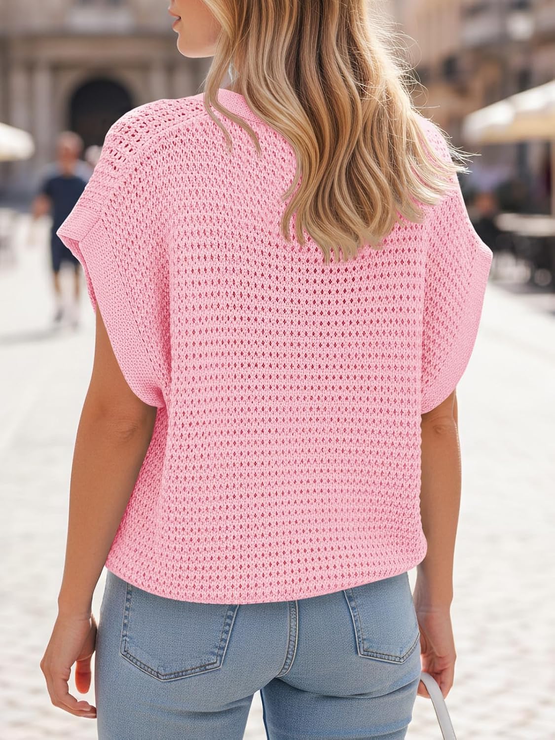 Fisoew Women's Short Sleeve Crochet Sweater Tops Summer Button Down V Neck Casual Knit Hollow Out Loose Beach Cover Ups - Image 3