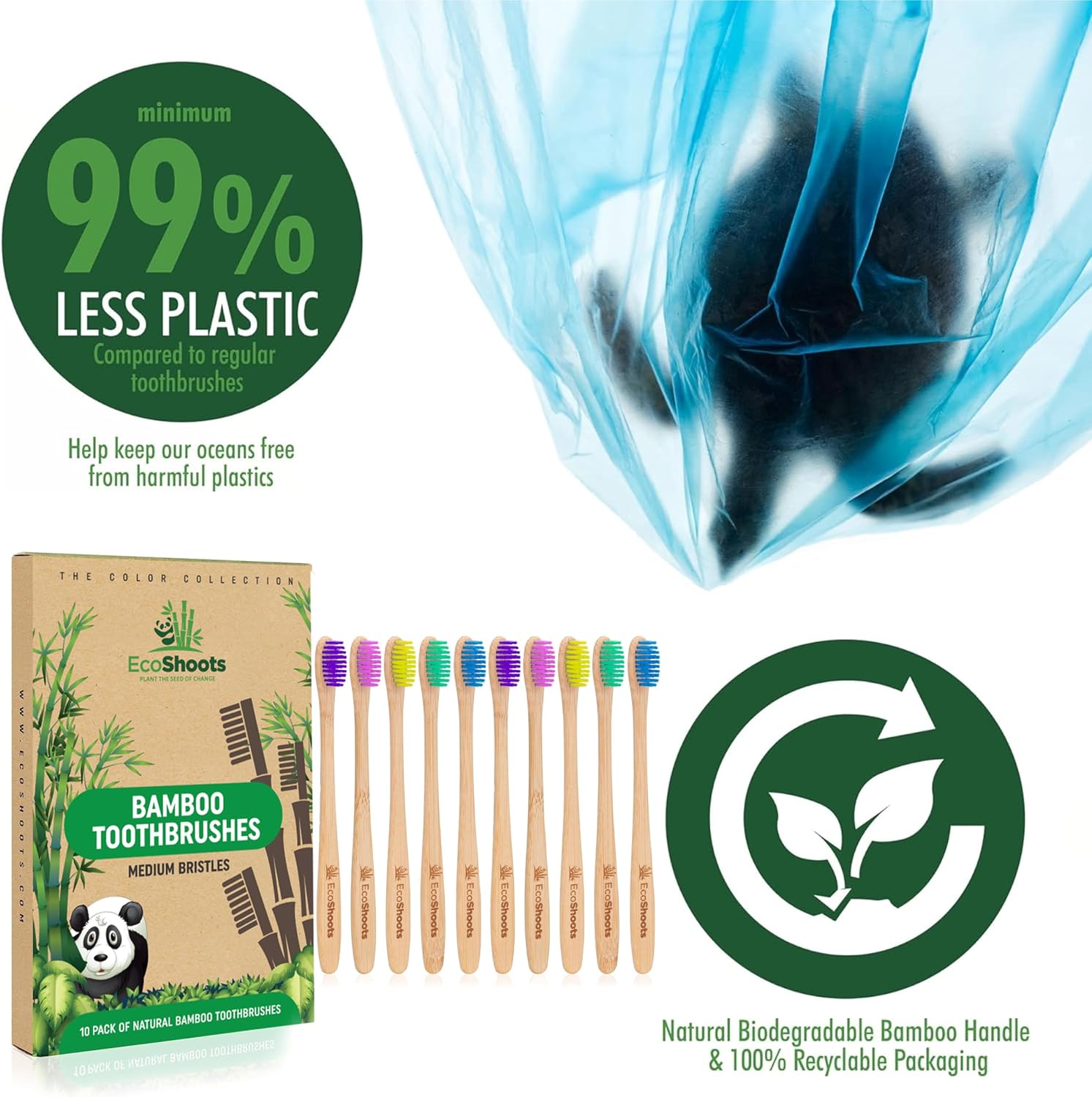 Adult Bamboo Toothbrushes with Medium Bristles - Pack of 10 - Eco Friendly & Biodegradable Handle Toothbrushes - All Natural Toothbrush - Plastic Free BPA Free Tooth Brushes