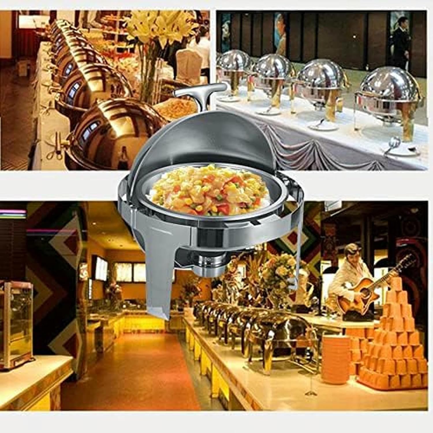 Roll-Top Chafing Dish, Round Stainless Steel Chafer, 6 Qt, Buffet Serving Warming Tray, Food Buffets, Food Warmer for Parties, Buffet Set, Chaffing Dishes, for Wedding, Parties, Banquet~/
