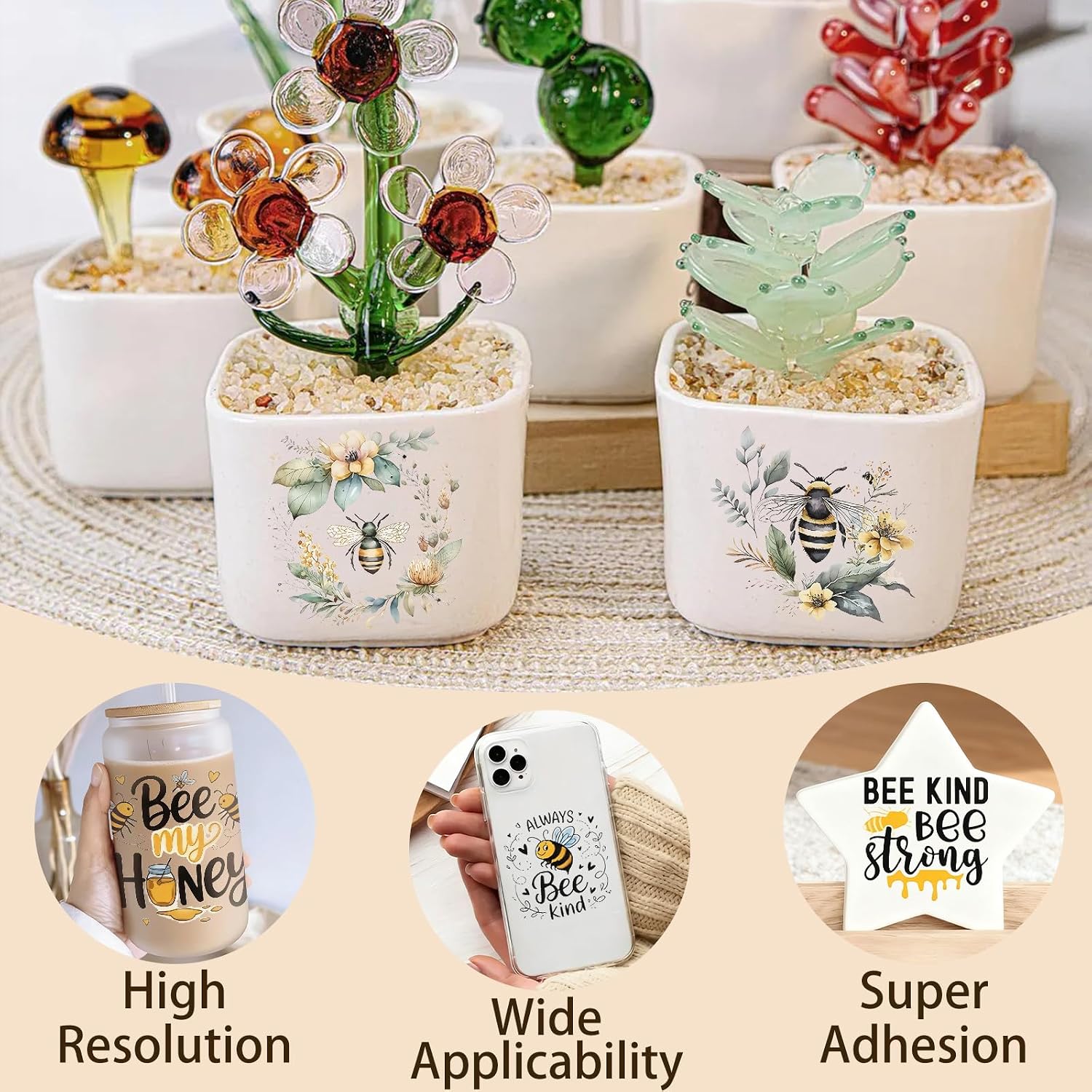 4 Sheets Rub on Transfers for Crafts, Bees Furniture Transfers for Wood, Glass, Plastic & Ceramics, Decorative Decals
