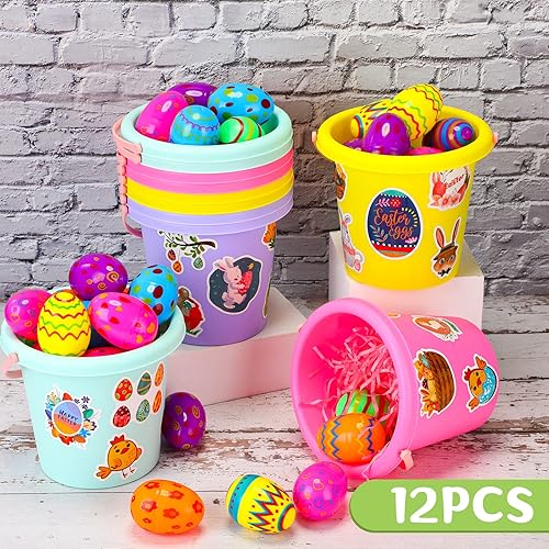 Miniatura 2 de Paquete de 24 cubos de arena de plástico de 5.9 pulgadas, cubos de arena pequeños, cubos de arena de juguete de playa con asa para niños pequeños,