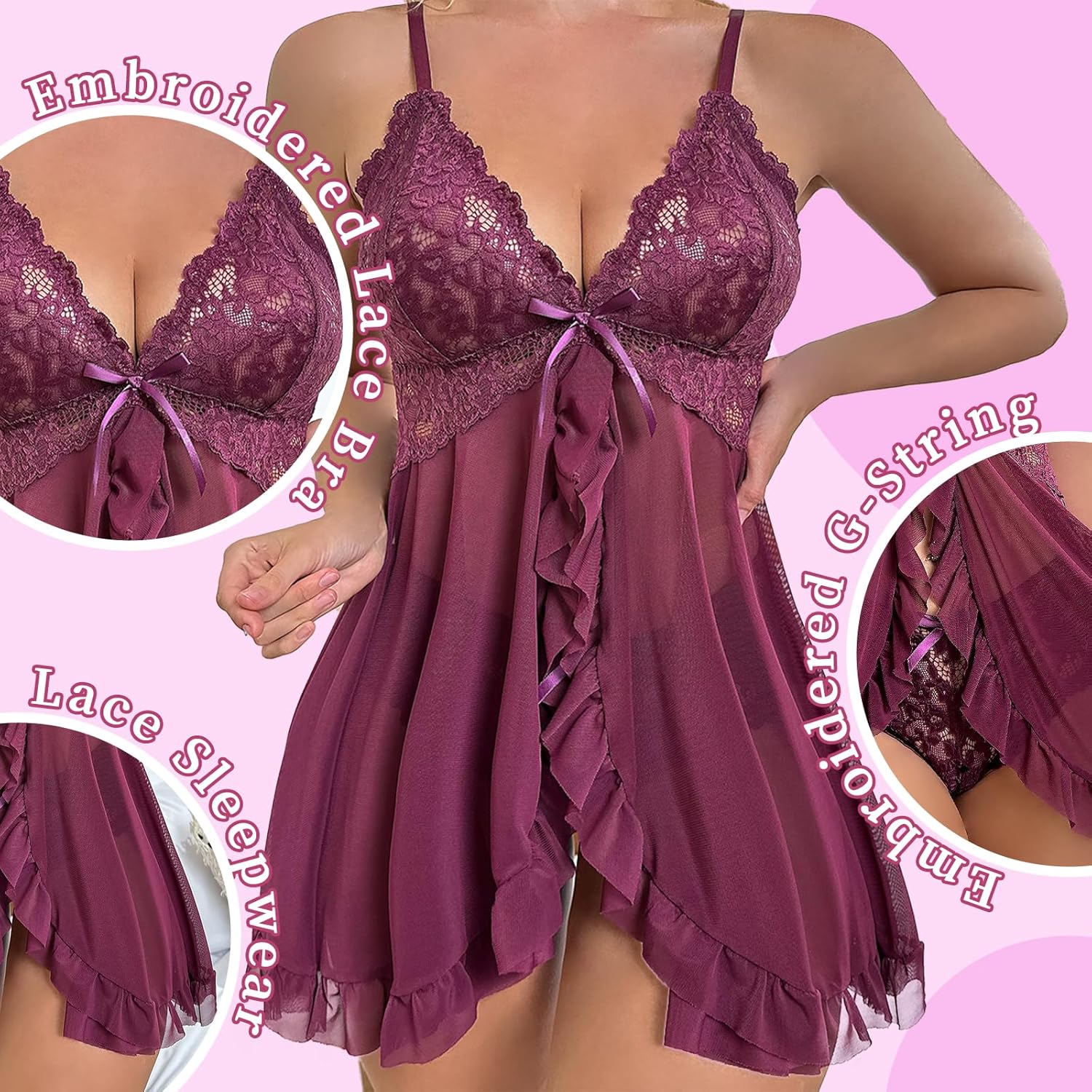 Lace Lingerie for Women Babydoll V Neck Nightwear Sexy Chemise Nightie Mesh Sleepwear Floral Hem Sleepshirt - Image 3