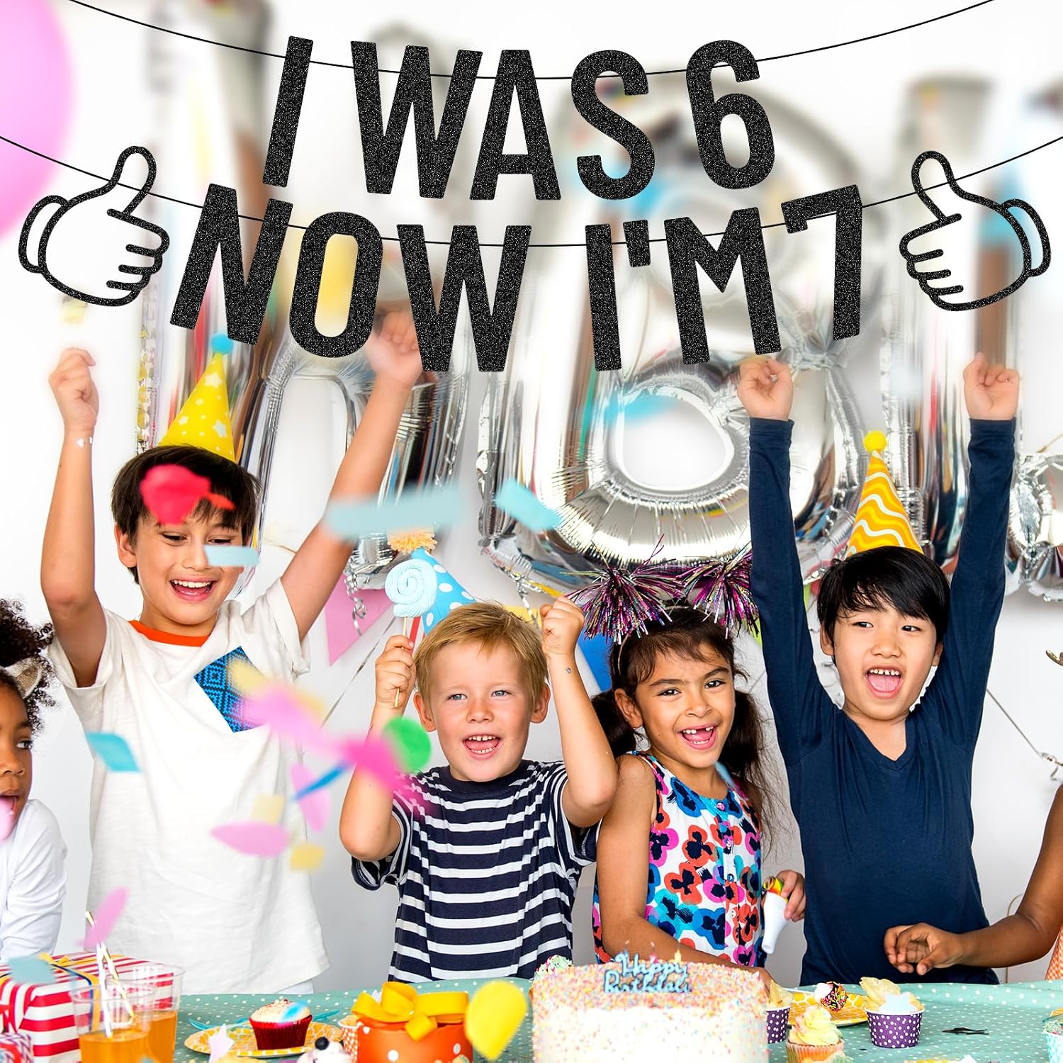 I Was 6 Now I'm 7 Birthday Banner, Pre-Strung Glitter 7th Garland, Black image 5