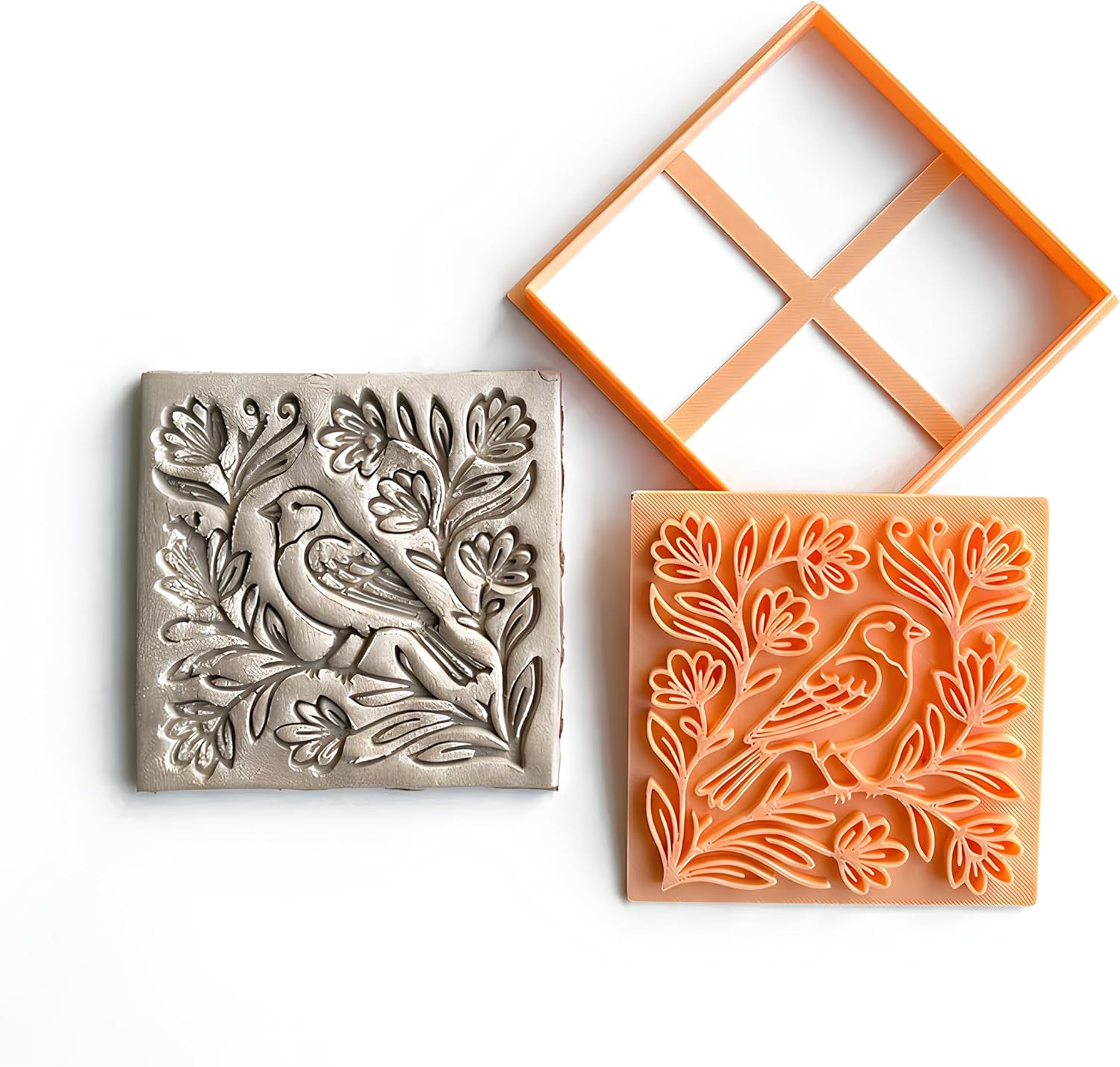 Bird & Floral Harmony Square Tile Cutter & Stamp Tool – Pottery & Ceramic Clay Art (10 cm / 4")