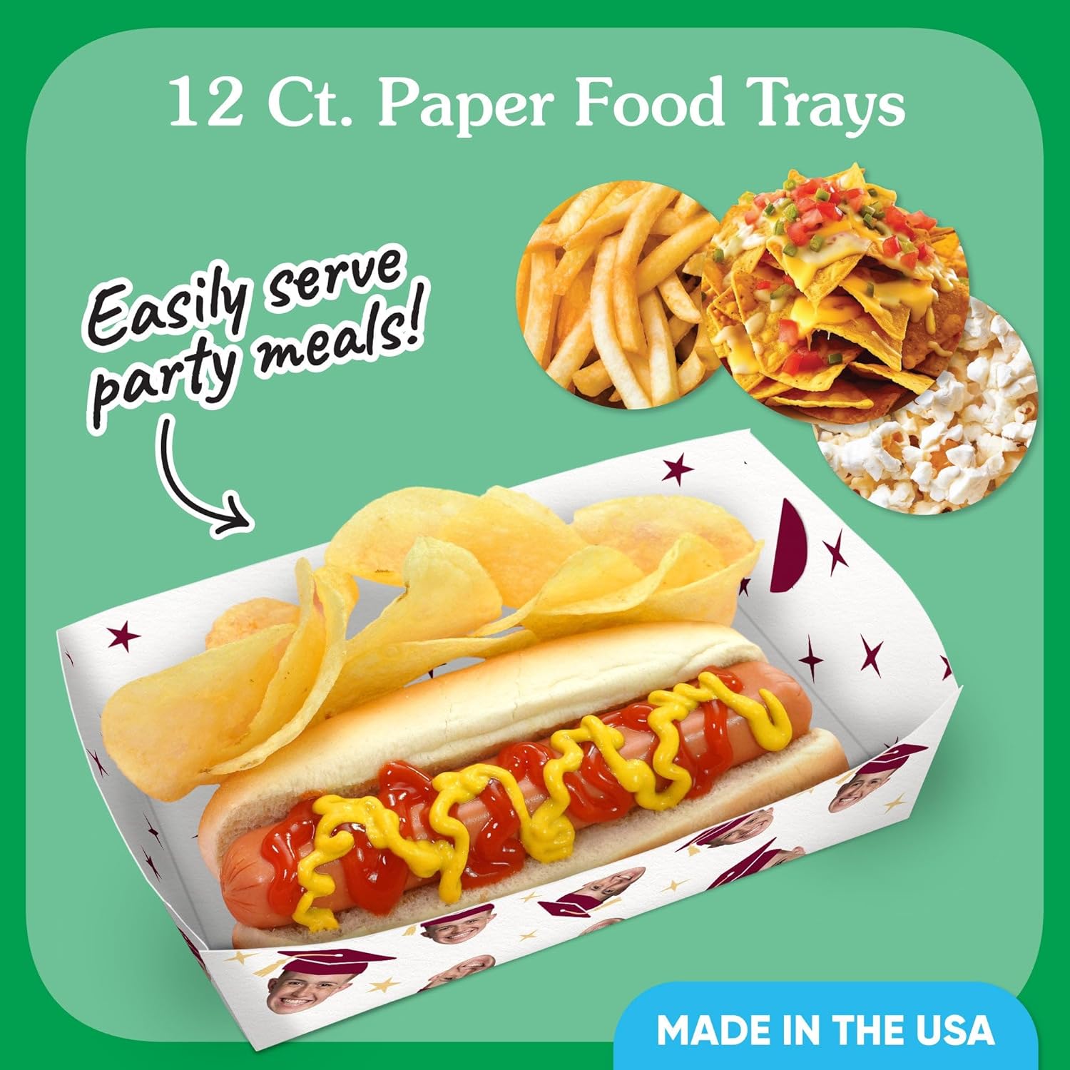 Big Dot of Happiness Custom Photo Maroon Graduation Paper Food Trays, Disposable Food Boats, Personalized Face Cutout Party Decor, Double-Sided Meal Holders for Nachos, Hot Dogs, Popcorn - 12 Ct