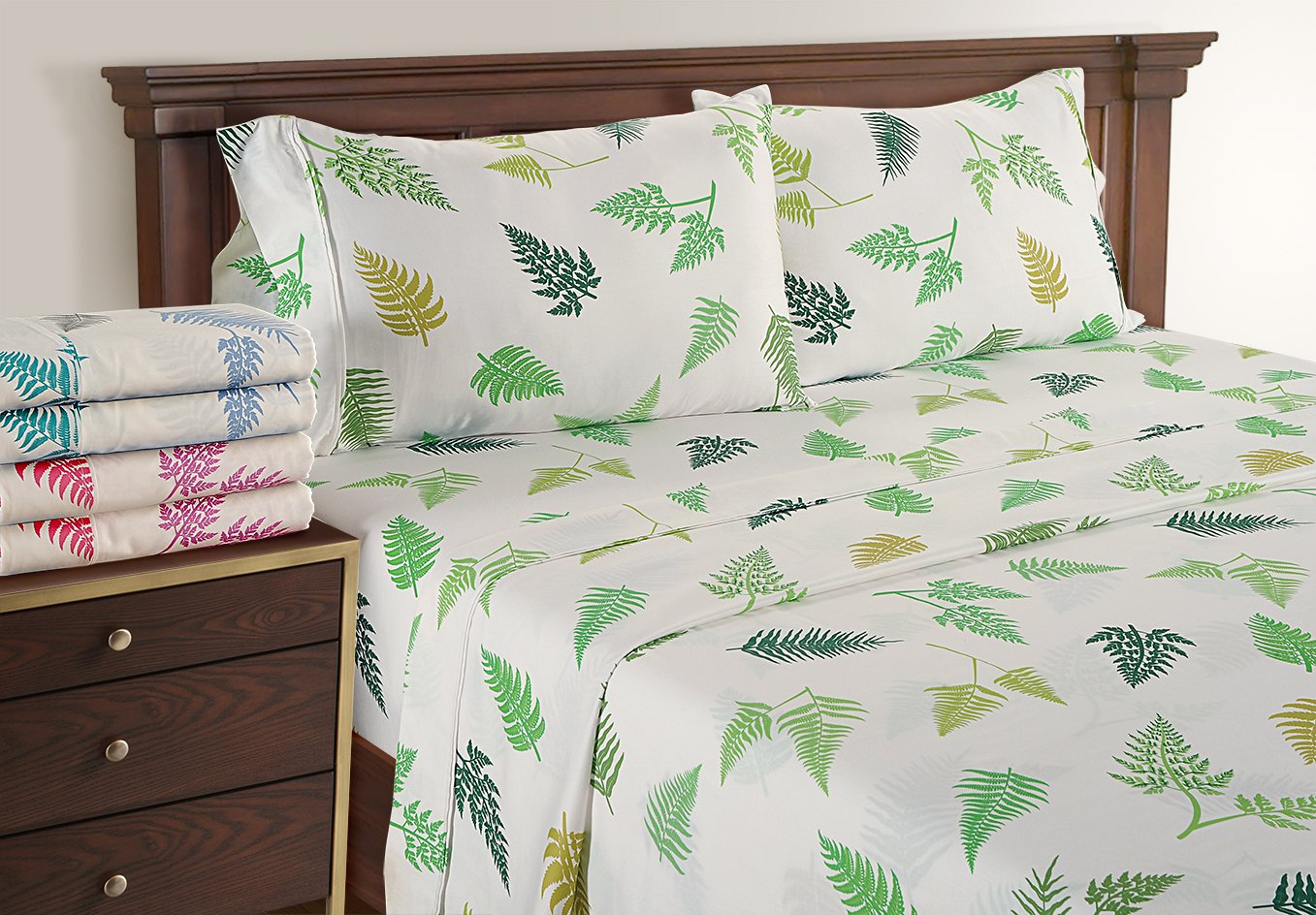LINENWALAS 300 Thread Count Bedsheet Set,Softest Long Staple 100% Cotton Ultra Soft Bedsheet with 2 Pillowcase - Double, Green Ferns