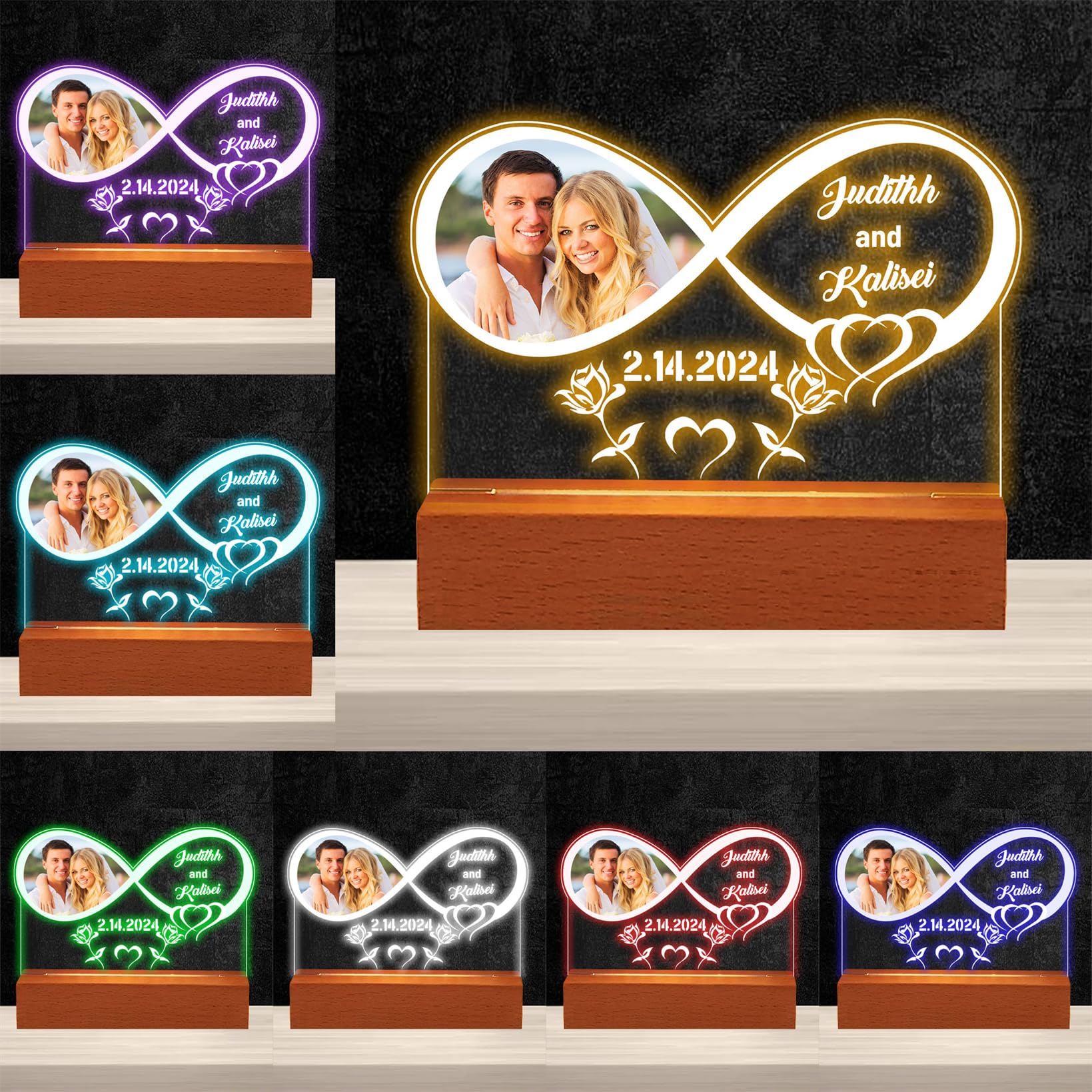 Personalized Photo Infinity Heart Night Light with Base Valentine's Day Flower Acrylic LED Lamp Custom Couple Name Date 3D LED Lights 2024 Valentine's Day Decor Gift for Wife Girlfriend Lover Family