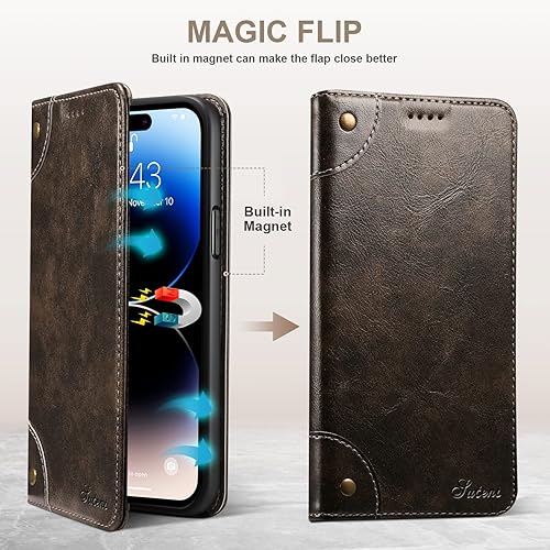 Miniatura 8 de SINIANL Funda tipo cartera compatible con iPhone 15 Plus, con función atril magnético, soporte para tarjetas de crédito, de piel, con tapa para