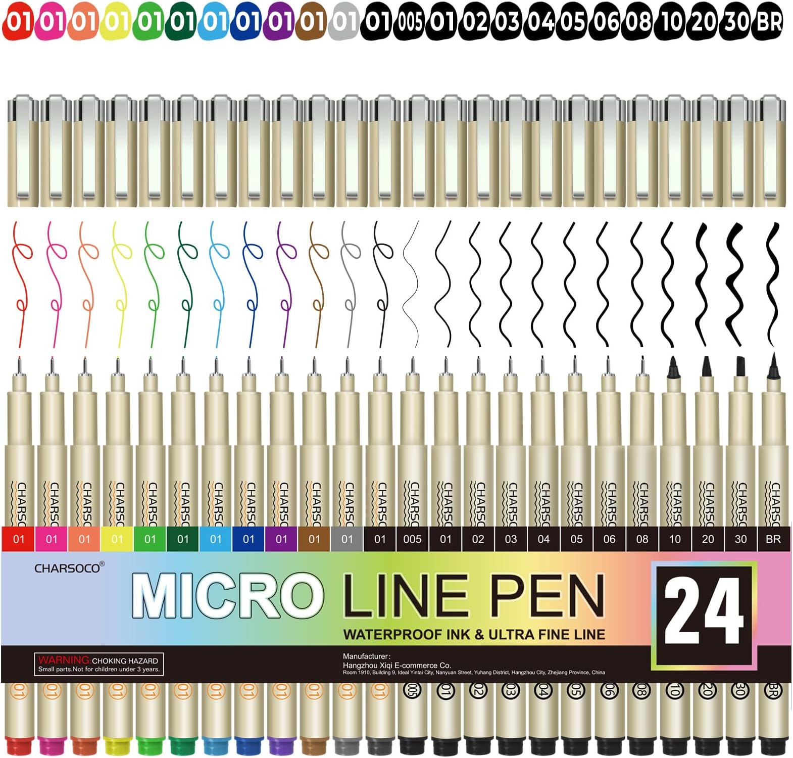 24 Pack Micro Pens, 12 Colors & 12 Black in 0.23mm - 5mm, Waterproof Archival Ink, Fine Point Pen for Artist Illustration, Sketching, Anime, Manga and Technical Drawing