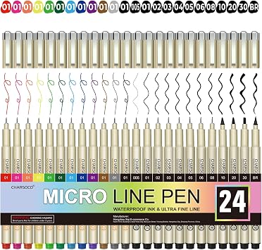 24 Pack Micro Pens, 12 Colors & 12 Black in 0.23mm - 5mm, Waterproof Archival Ink, Fine Point Pen for Artist Illustration, Sketching, Anime, Manga and Technical Drawing