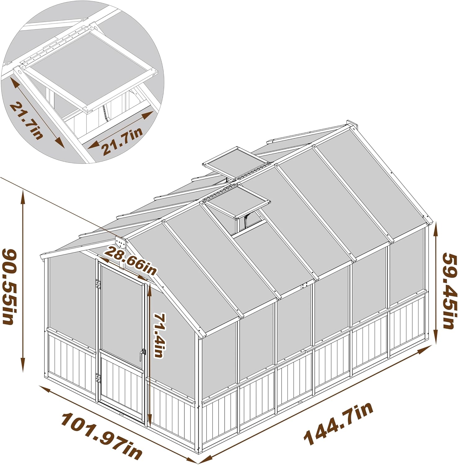 Diagram showing dimensions of the VEIKOU 8x12 Greenhouse