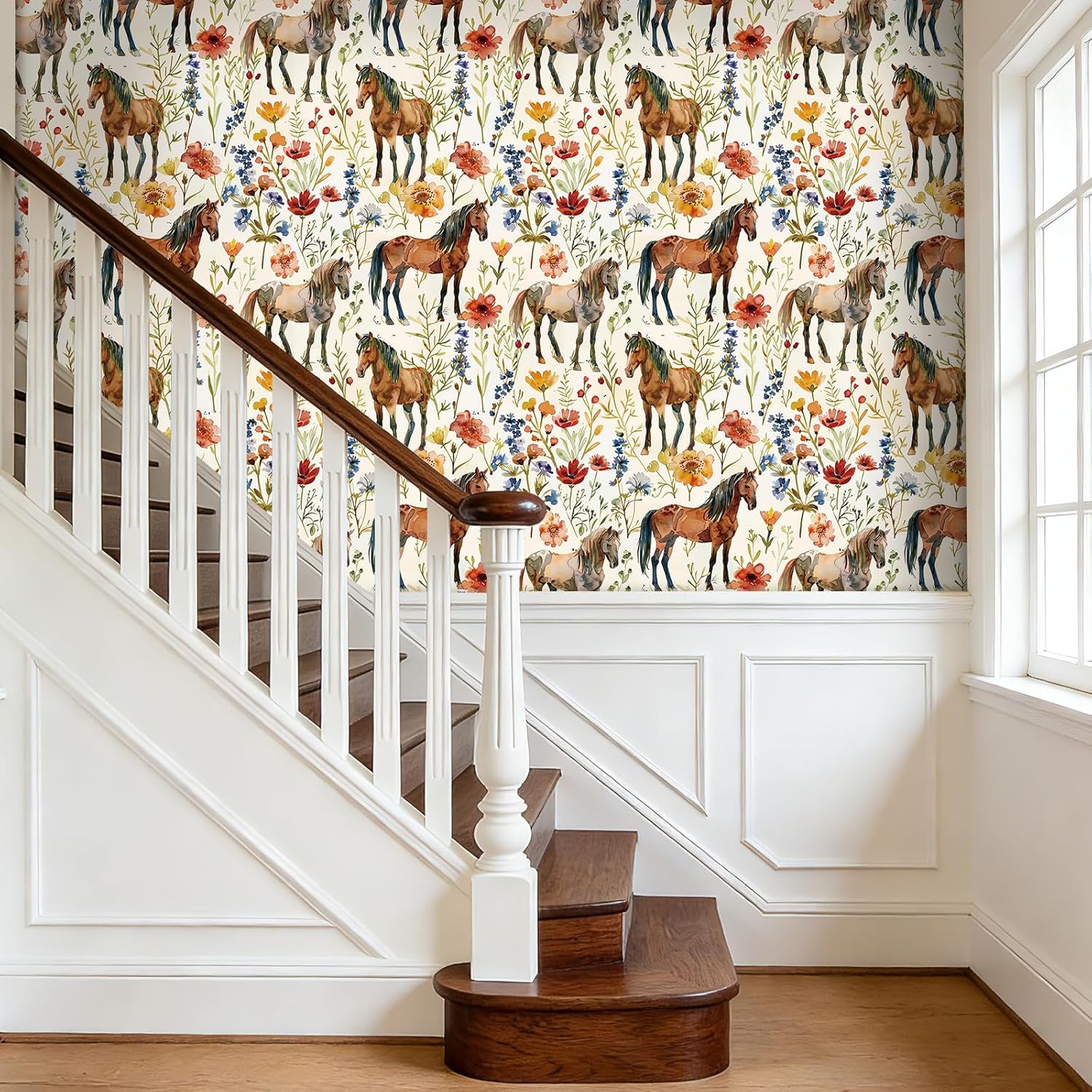 ICOOP Horse Wallpaper Watercolor Western Farmhouse Peel and Stick Wallpaper 17.5"x276" Cottage Core Vintage Wall Paper Boho Rustic Farm Floral Animal Contact Paper for Cabinets Horse Wall Mural