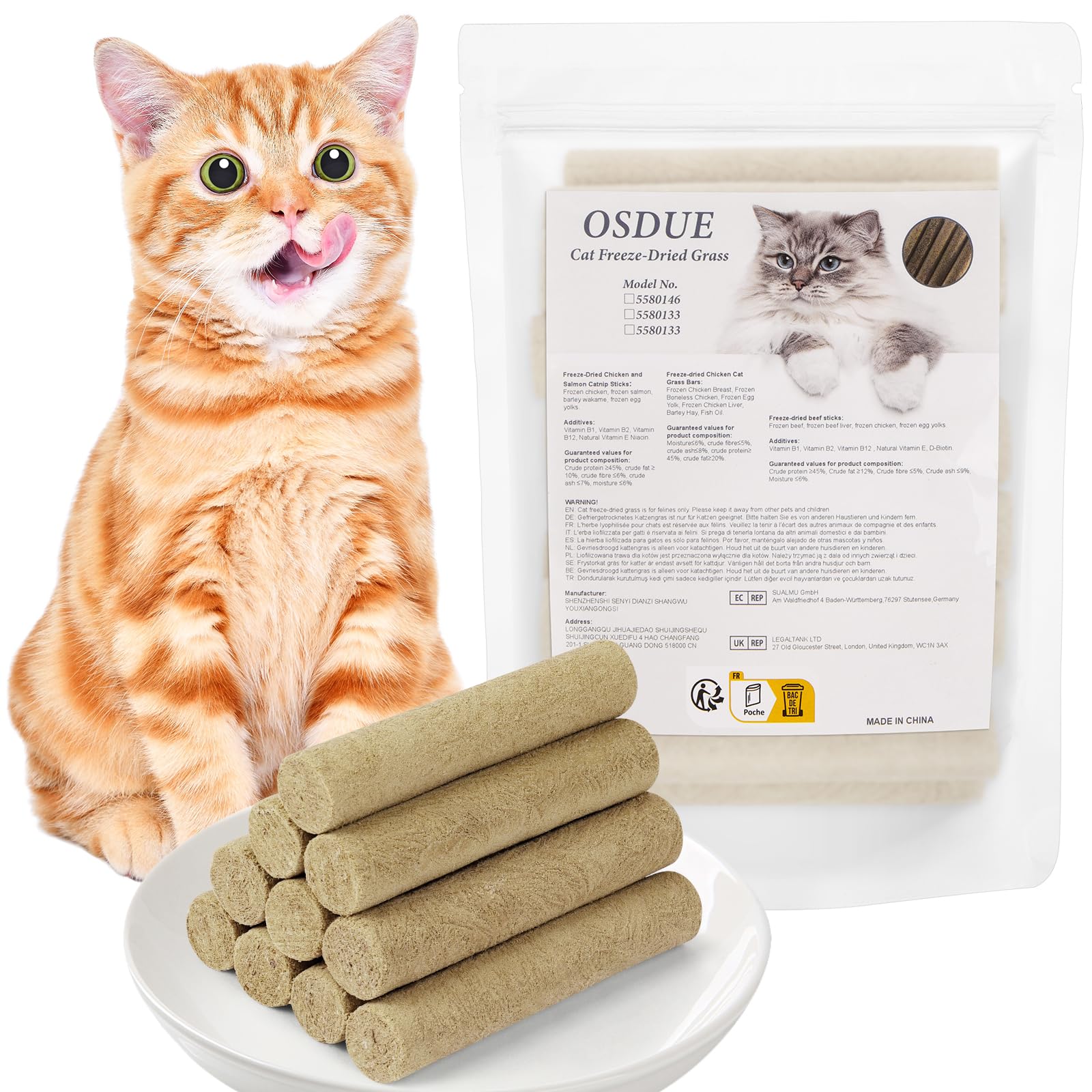 OSDUE Cat Grass Teething Stick, 100g Freeze Dried Chicken Cat Treat, Natural Healthy Snack, Natural Oral Cleaning for Increase Appetite, Hairball Removal, Grain Free