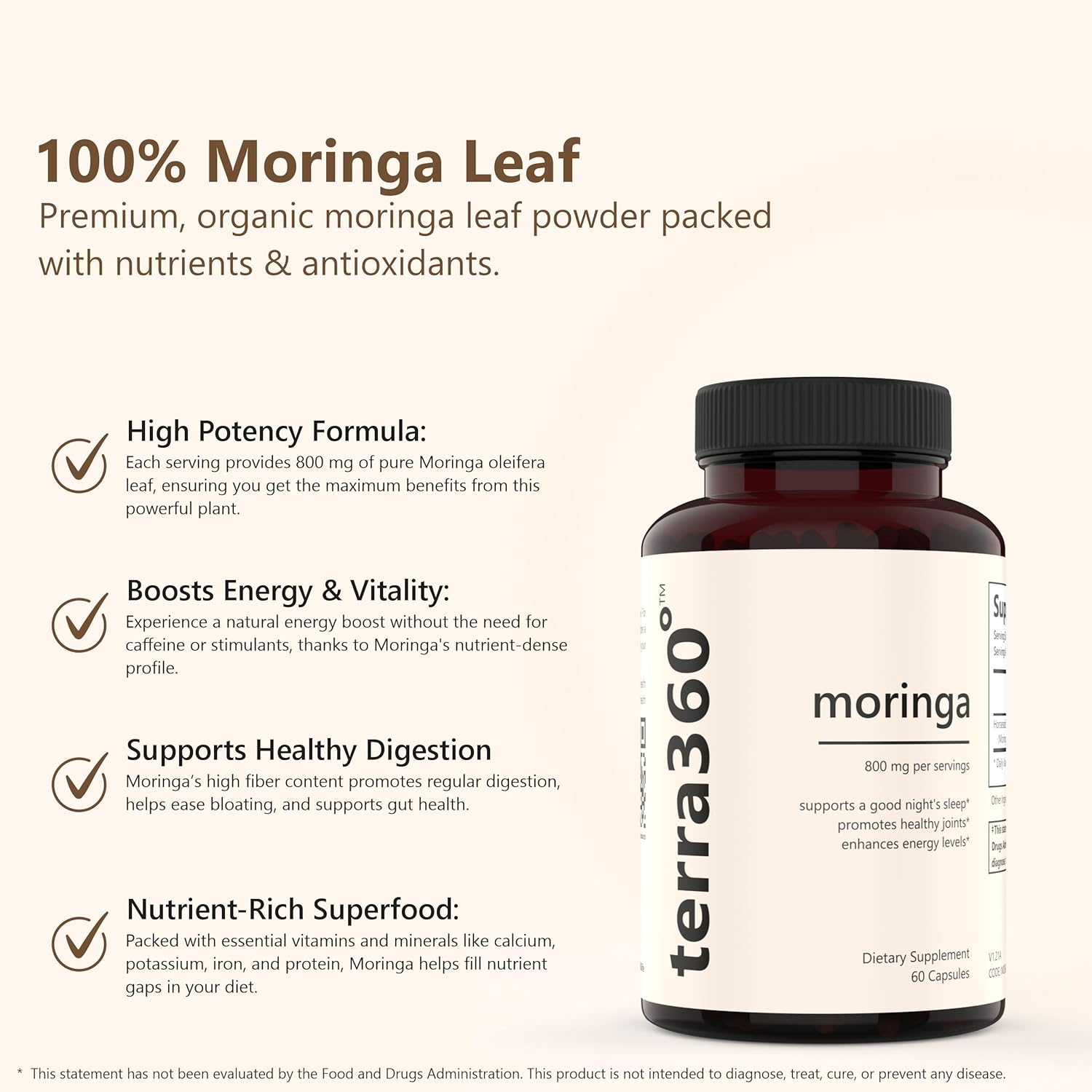Natural Moringa Leaf Powder Capsules - 800mg, Vegan, Non GMO, 3rd-Party Tested, Gluten-Free, Immune - Super Food with Essential Vitamins & Antioxidants, 60 Capsules