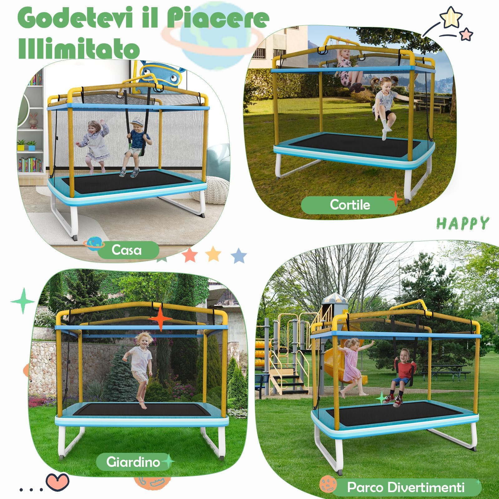 GYMAX Trampolino Elastico per Bambini, 3 in 1 con Altalena e Barra per Trazioni, Rete di Sicurezza, Interno ed Esterno, Idea Regalo per Bambini 3+